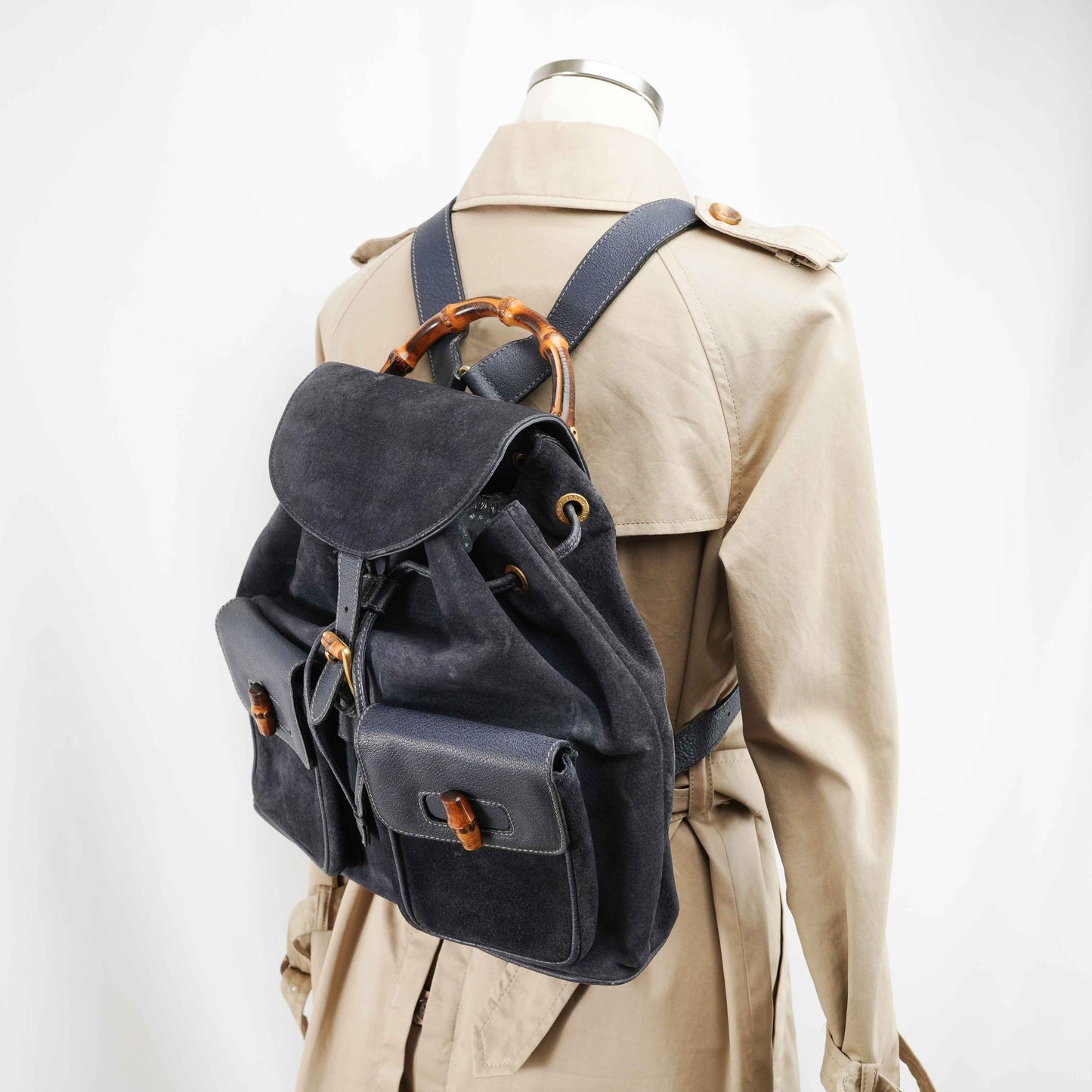 Gucci Vintage Bamboo/Leather &amp; Suede Backpack in Navy Blue