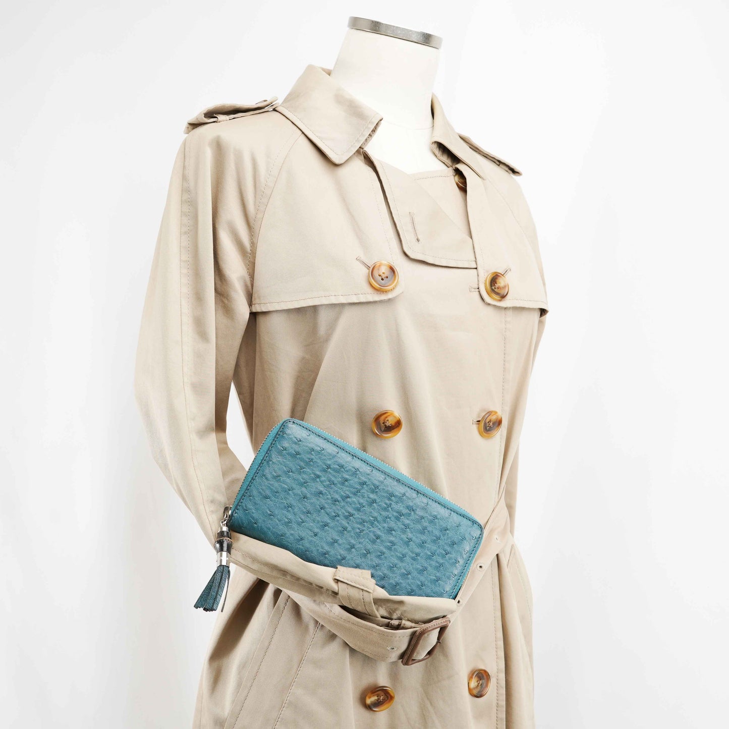 Gucci Teal Blue Ostrich Leather Zip-Around Wallet with Bamboo Tassel