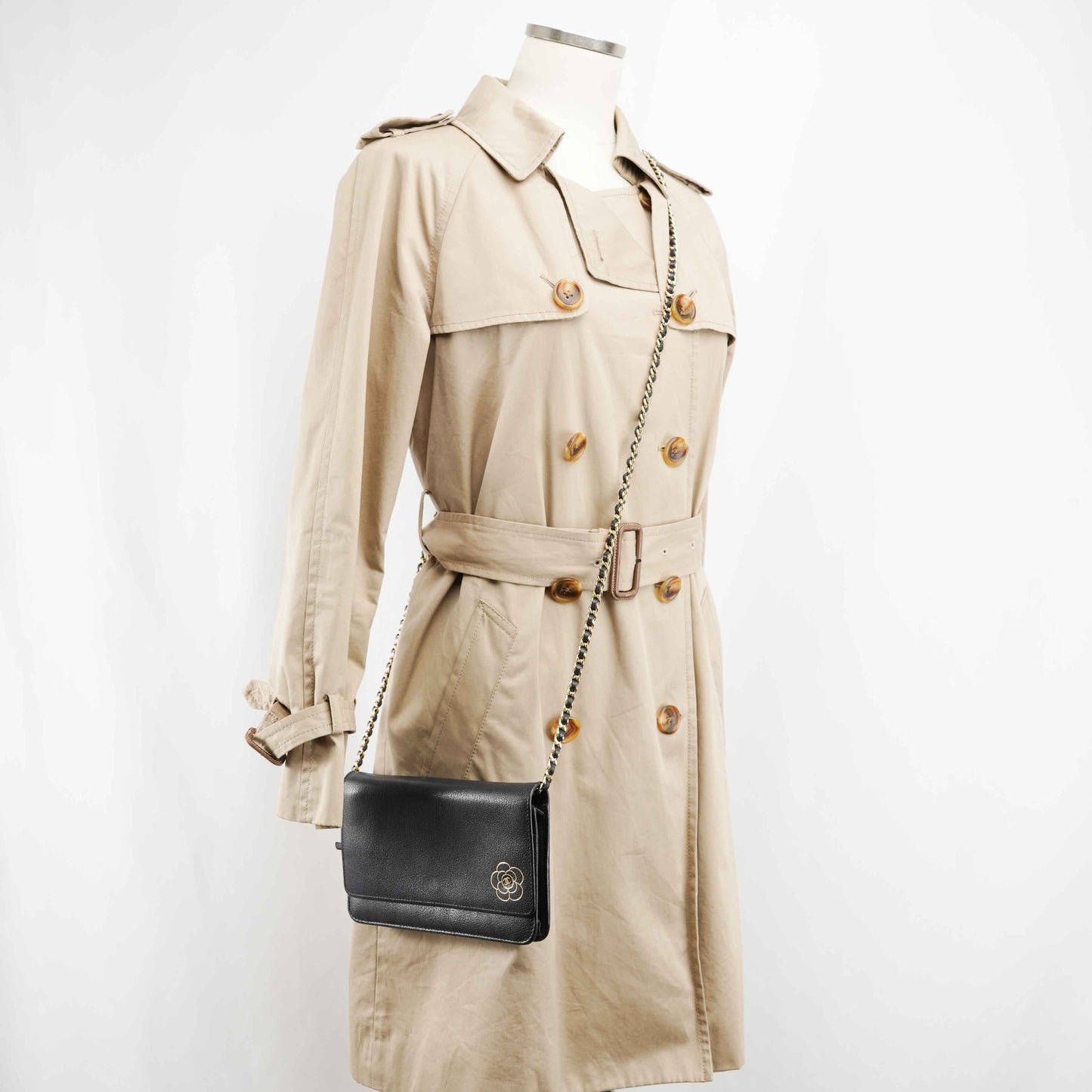 Chanel Camellia Motif Wallet on Chain Black Lambskin Leather Crossbody Bag