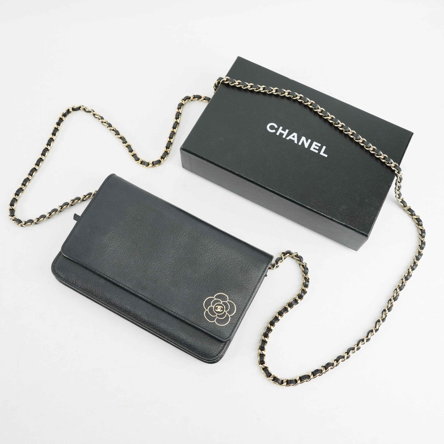 Chanel Camellia Motif Wallet on Chain Black Lambskin Leather Crossbody Bag