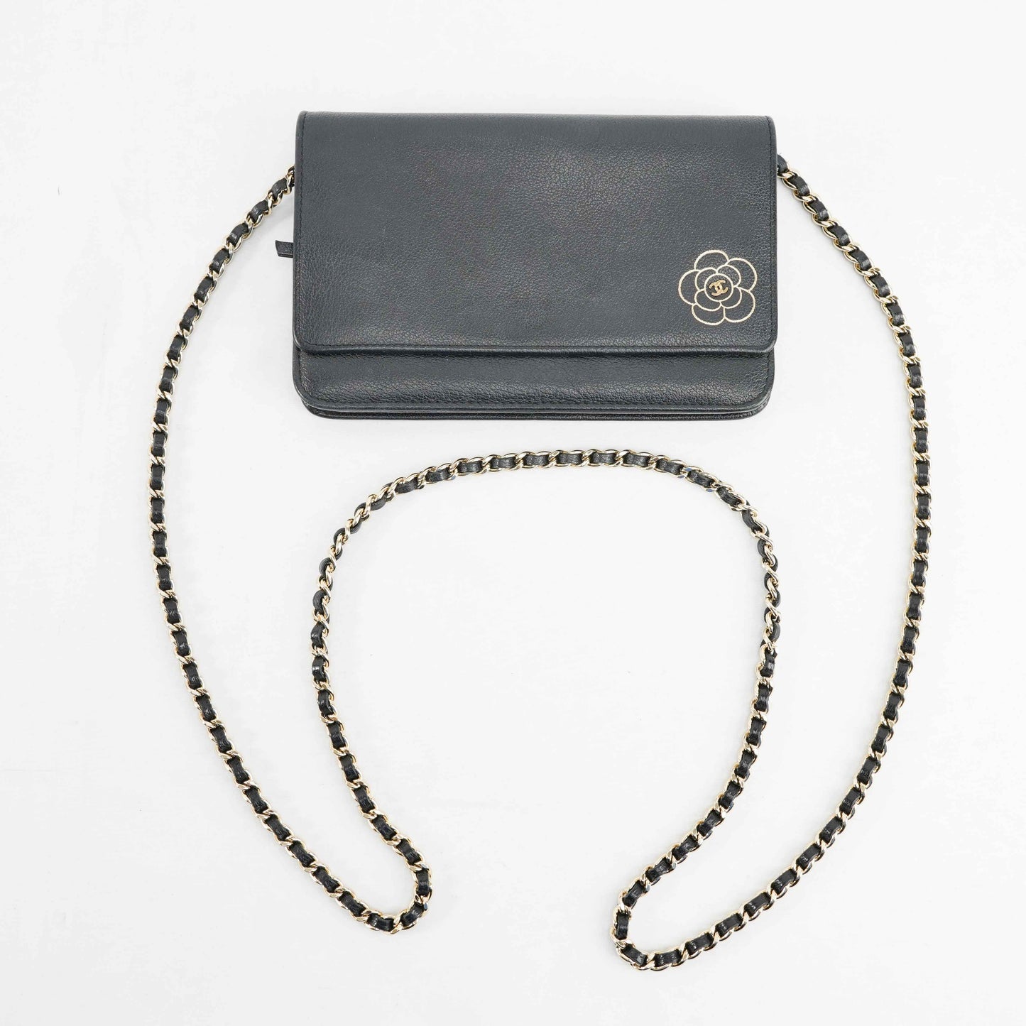 Chanel Camellia Motif Wallet on Chain Black Lambskin Leather Crossbody Bag
