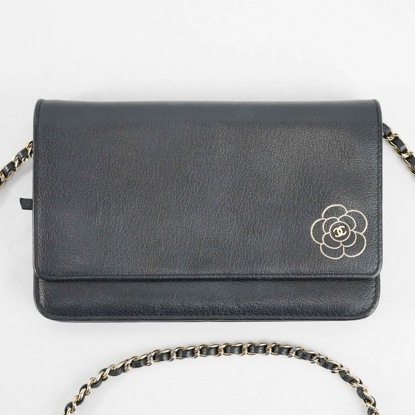Chanel Camellia Motif Wallet on Chain Black Lambskin Leather Crossbody Bag