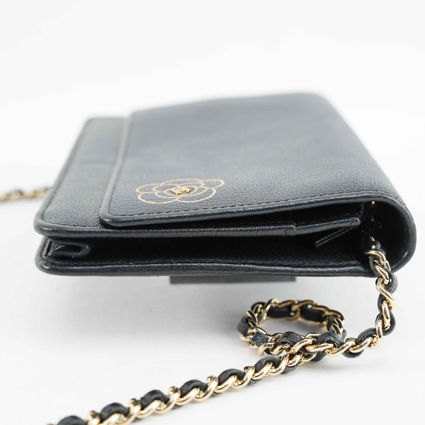 Chanel Camellia Motif Wallet on Chain Black Lambskin Leather Crossbody Bag