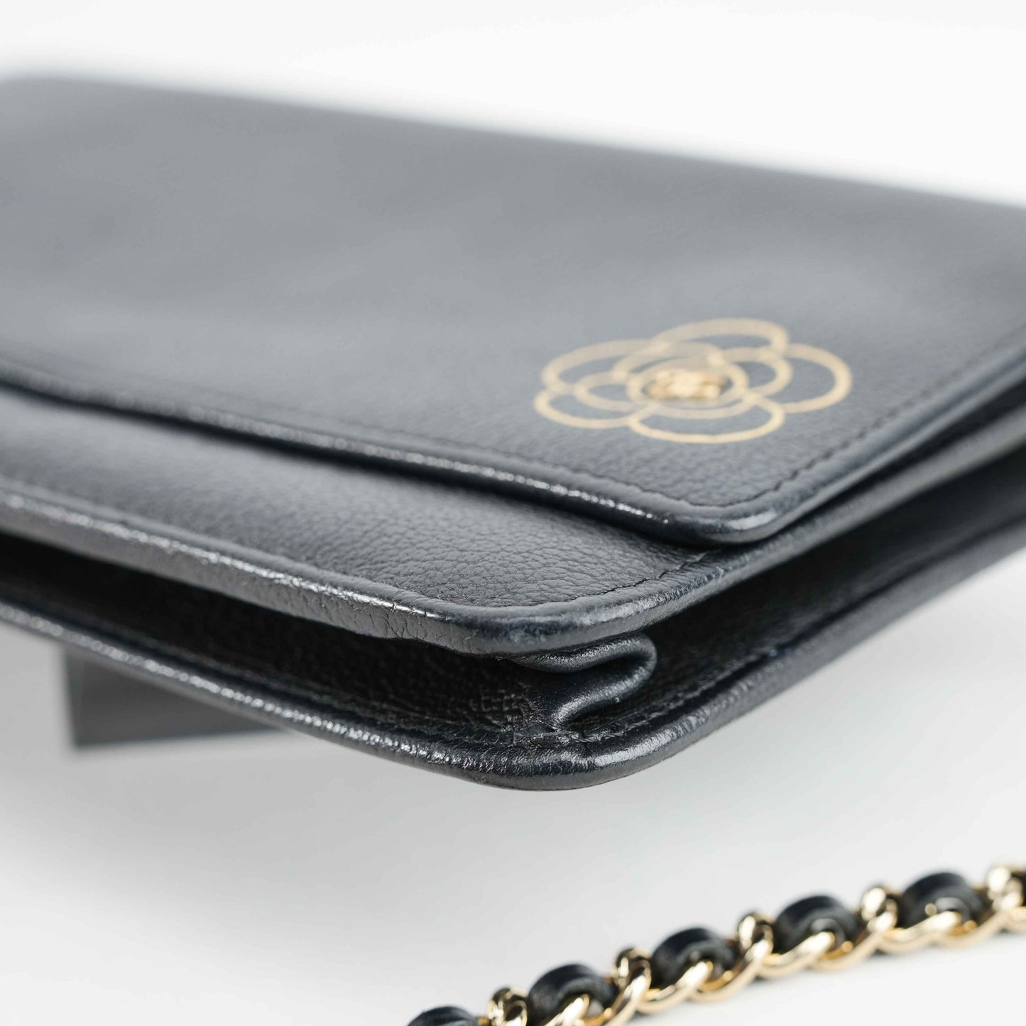 Chanel Camellia Motif Wallet on Chain Black Lambskin Leather Crossbody Bag