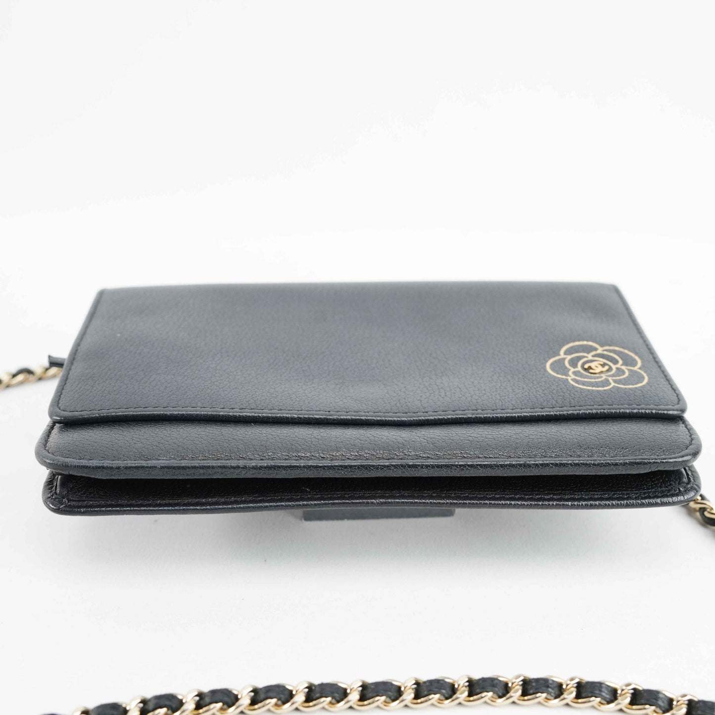 Chanel Camellia Motif Wallet on Chain Black Lambskin Leather Crossbody Bag