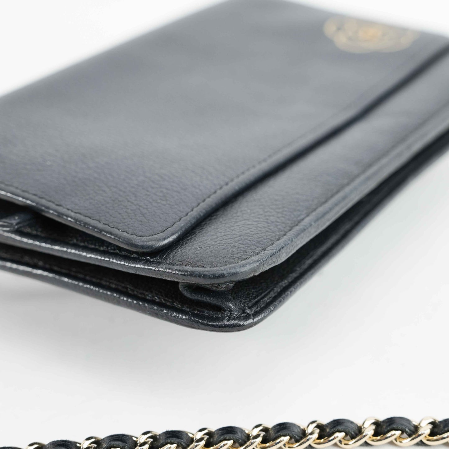 Chanel Camellia Motif Wallet on Chain Black Lambskin Leather Crossbody Bag