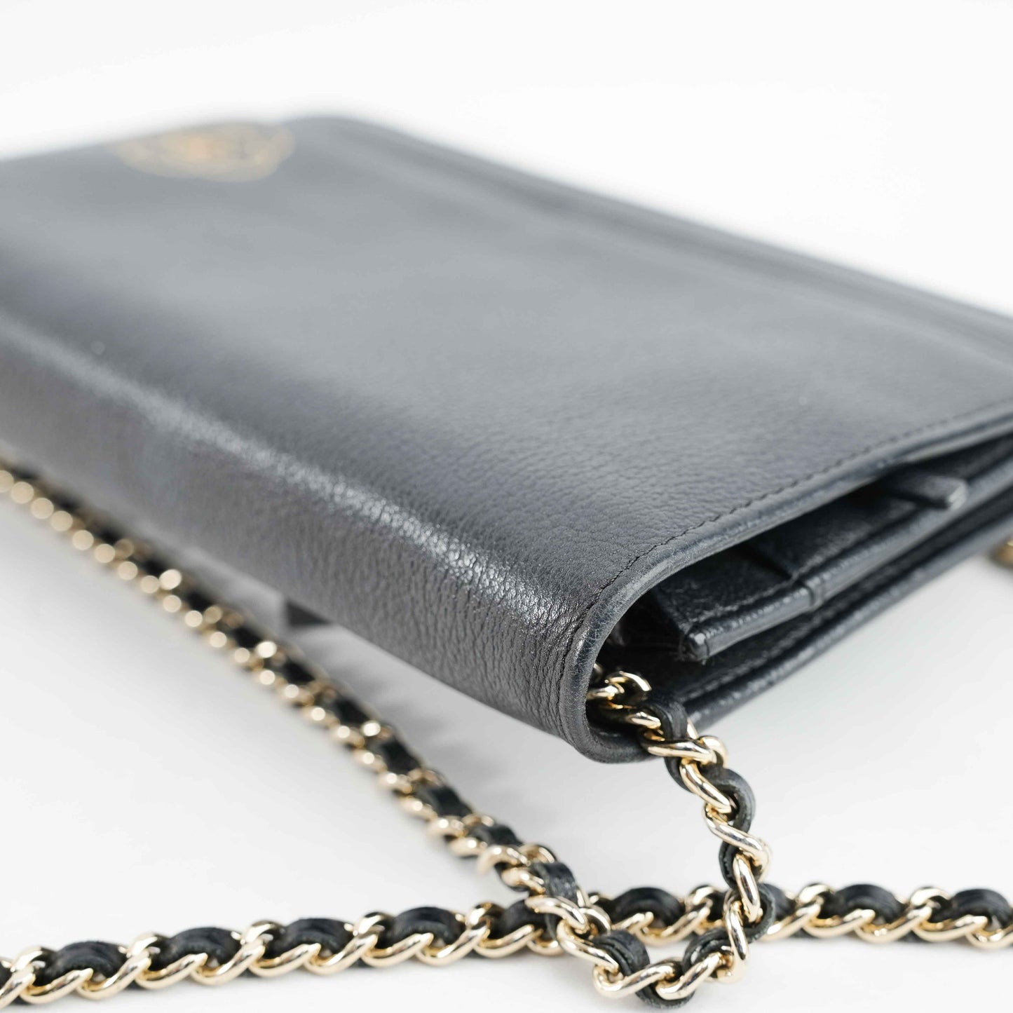 Chanel Camellia Motif Wallet on Chain Black Lambskin Leather Crossbody Bag