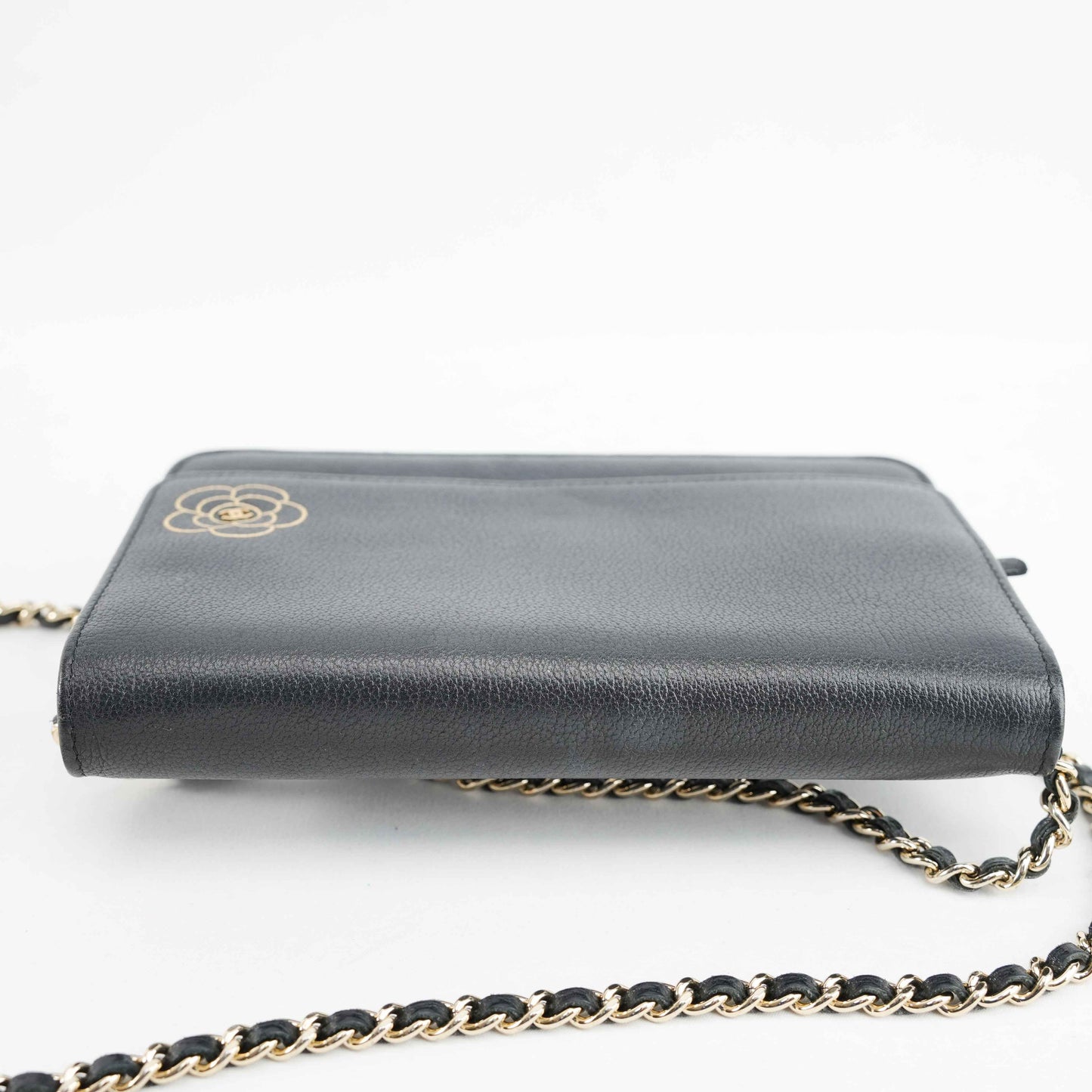 Chanel Camellia Motif Wallet on Chain Black Lambskin Leather Crossbody Bag