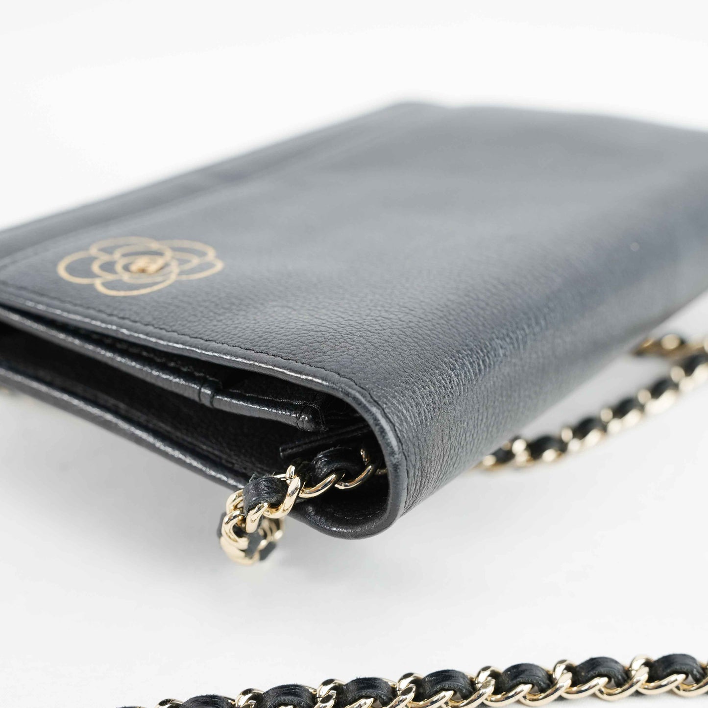 Chanel Camellia Motif Wallet on Chain Black Lambskin Leather Crossbody Bag