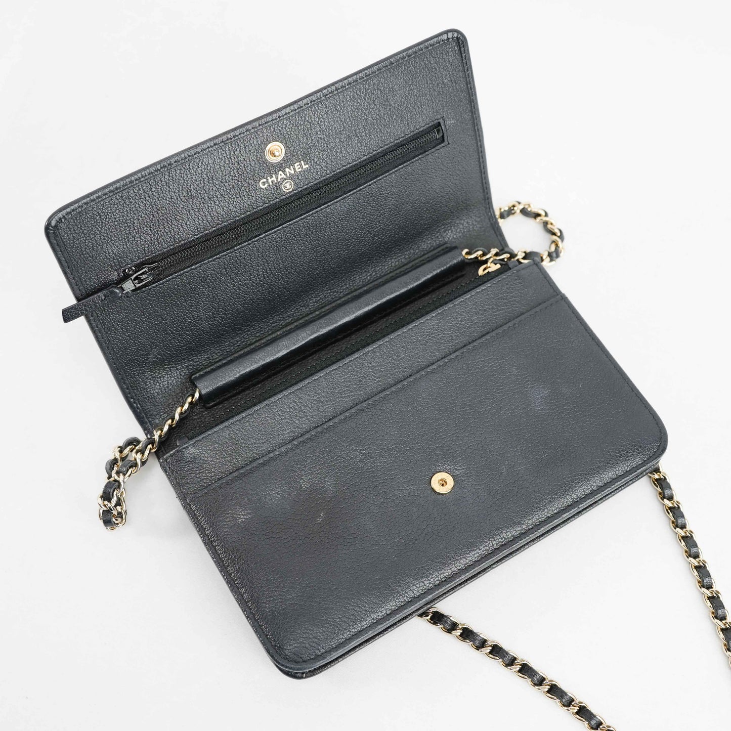 Chanel Camellia Motif Wallet on Chain Black Lambskin Leather Crossbody Bag