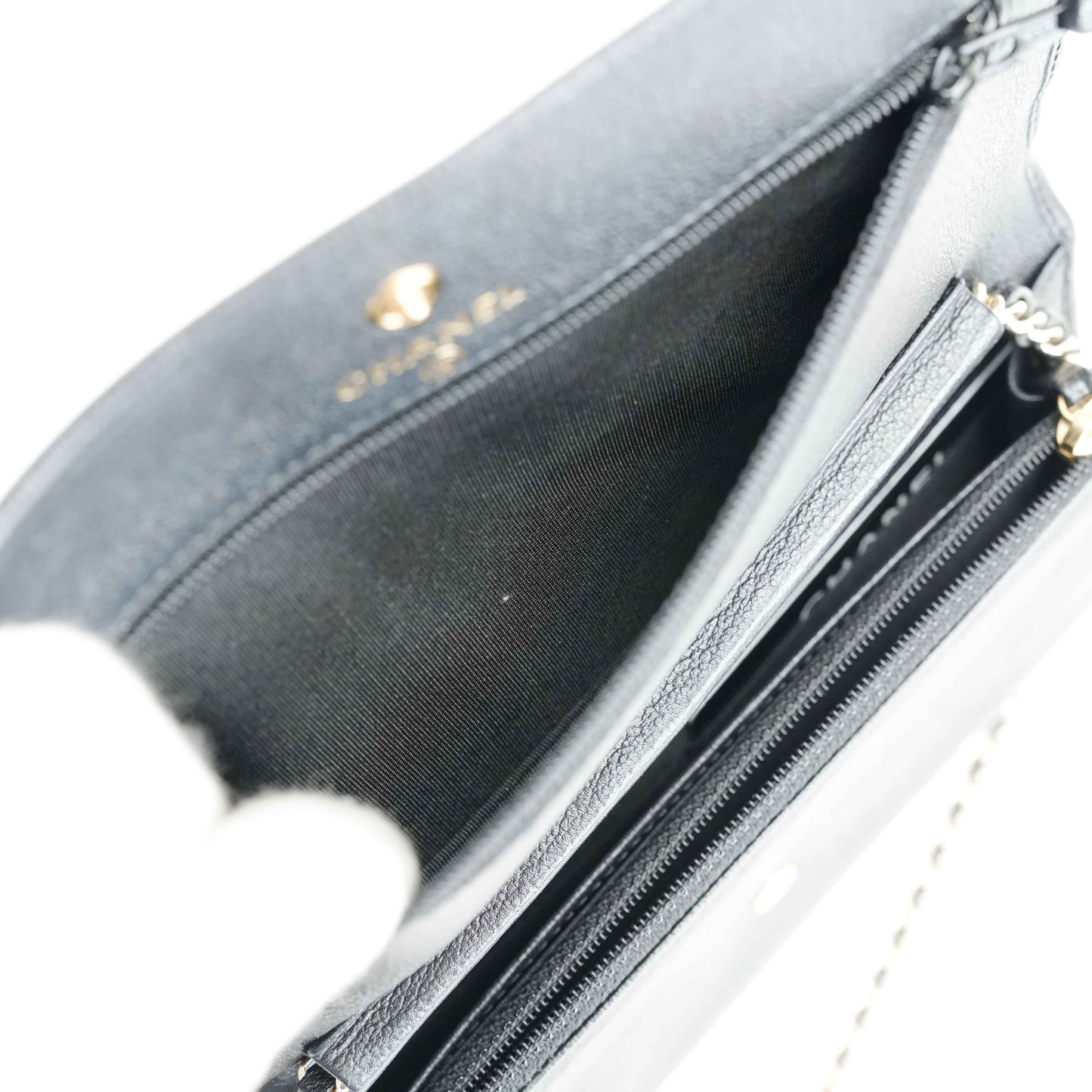 Chanel Camellia Motif Wallet on Chain Black Lambskin Leather Crossbody Bag