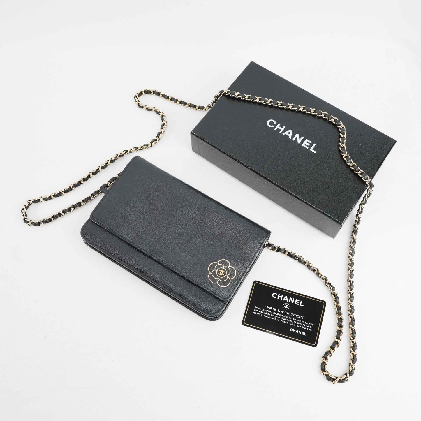 Chanel Camellia Motif Wallet on Chain Black Lambskin Leather Crossbody Bag