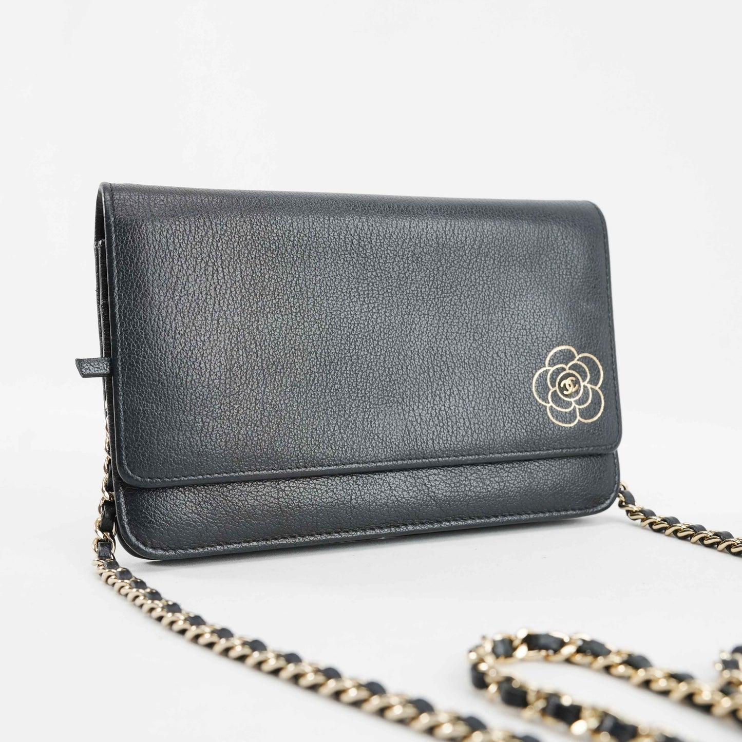 Chanel Camellia Motif Wallet on Chain Black Lambskin Leather Crossbody Bag