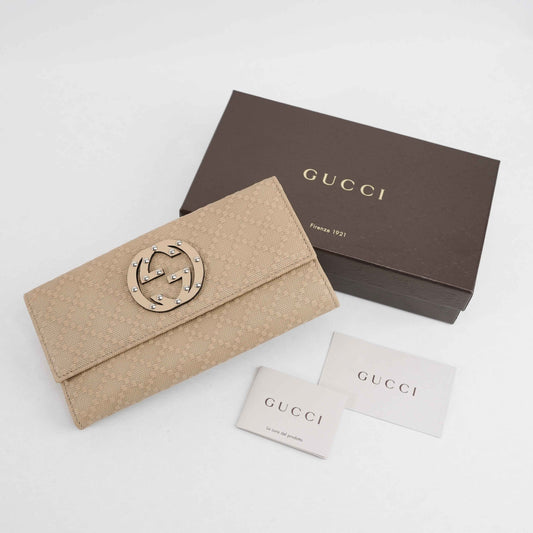 Gucci Beige Jacquard Canvas Trifold Wallet with Studded GG Logo – Model 231843