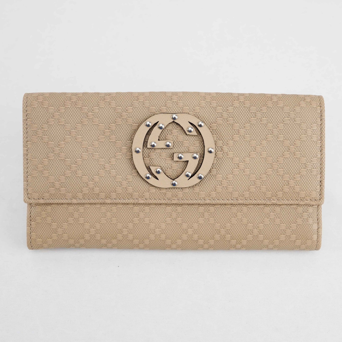Gucci Beige Jacquard Canvas Trifold Wallet with Studded GG Logo – Model 231843