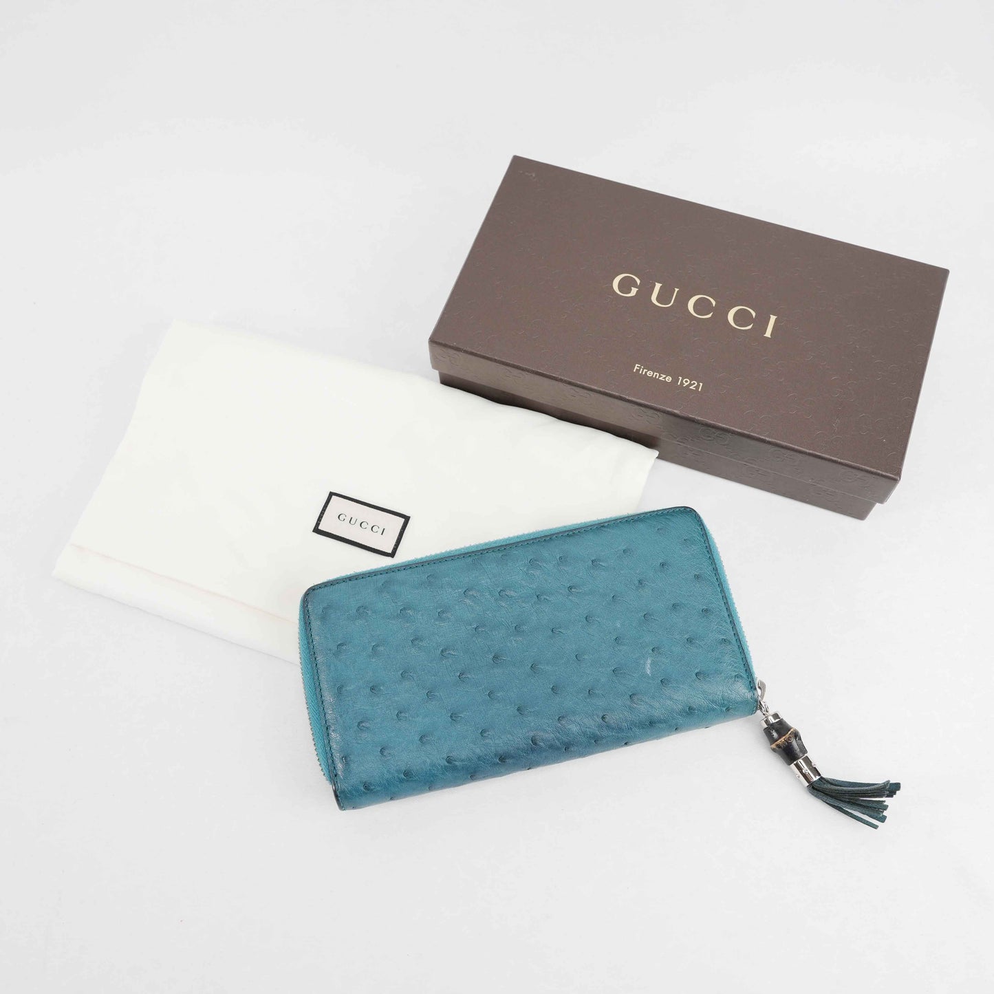 Gucci Teal Blue Ostrich Leather Zip-Around Wallet with Bamboo Tassel