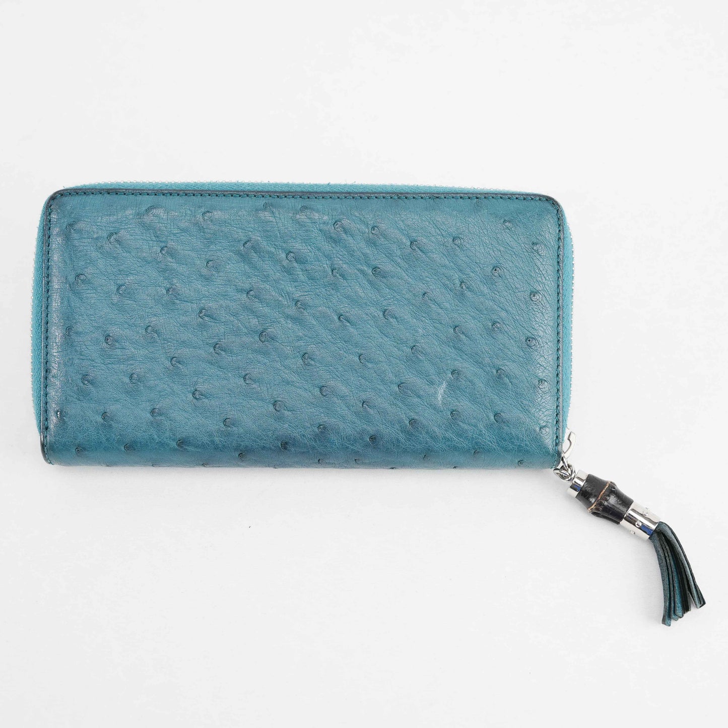 Gucci Teal Blue Ostrich Leather Zip-Around Wallet with Bamboo Tassel