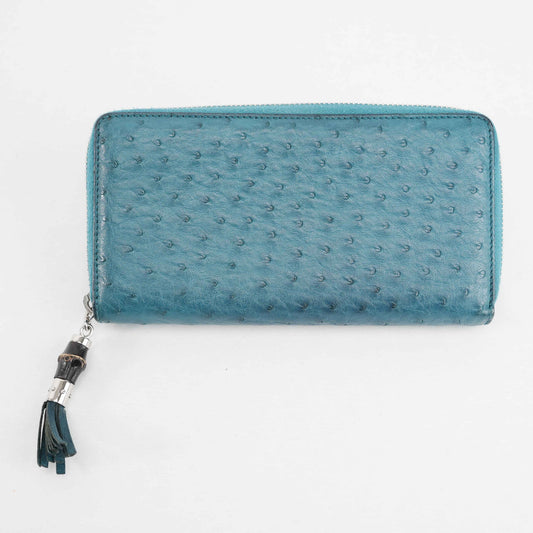 Gucci Teal Blue Ostrich Leather Zip-Around Wallet with Bamboo Tassel