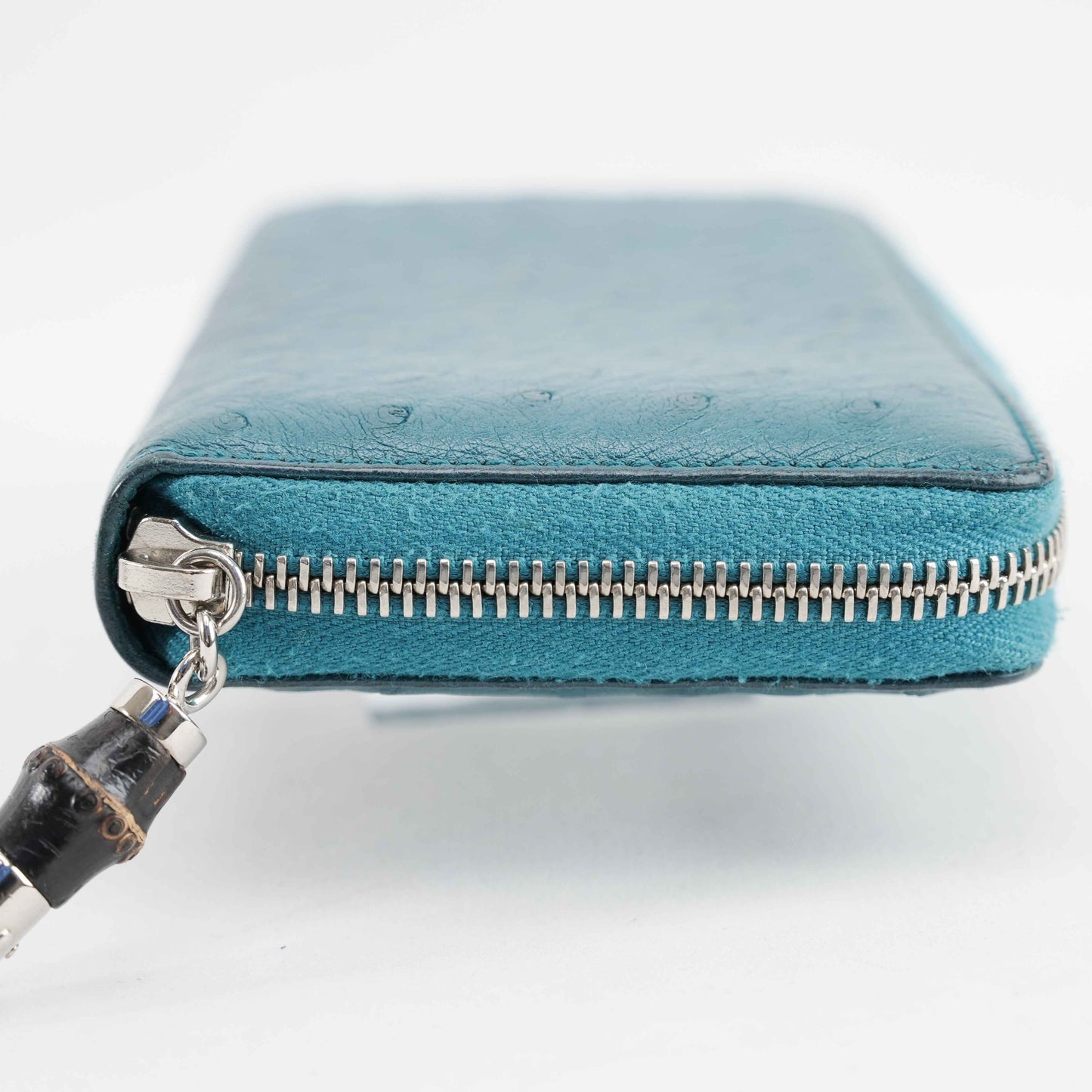 Gucci Teal Blue Ostrich Leather Zip-Around Wallet with Bamboo Tassel