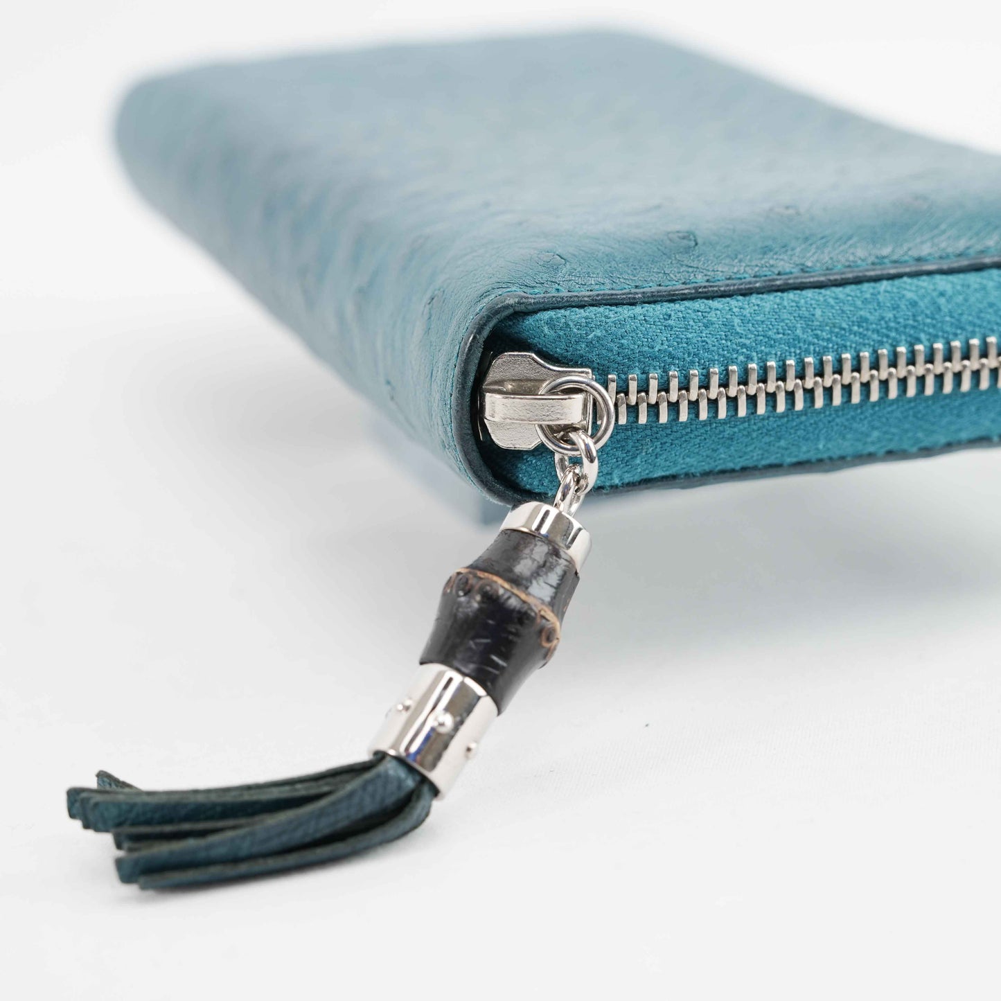 Gucci Teal Blue Ostrich Leather Zip-Around Wallet with Bamboo Tassel