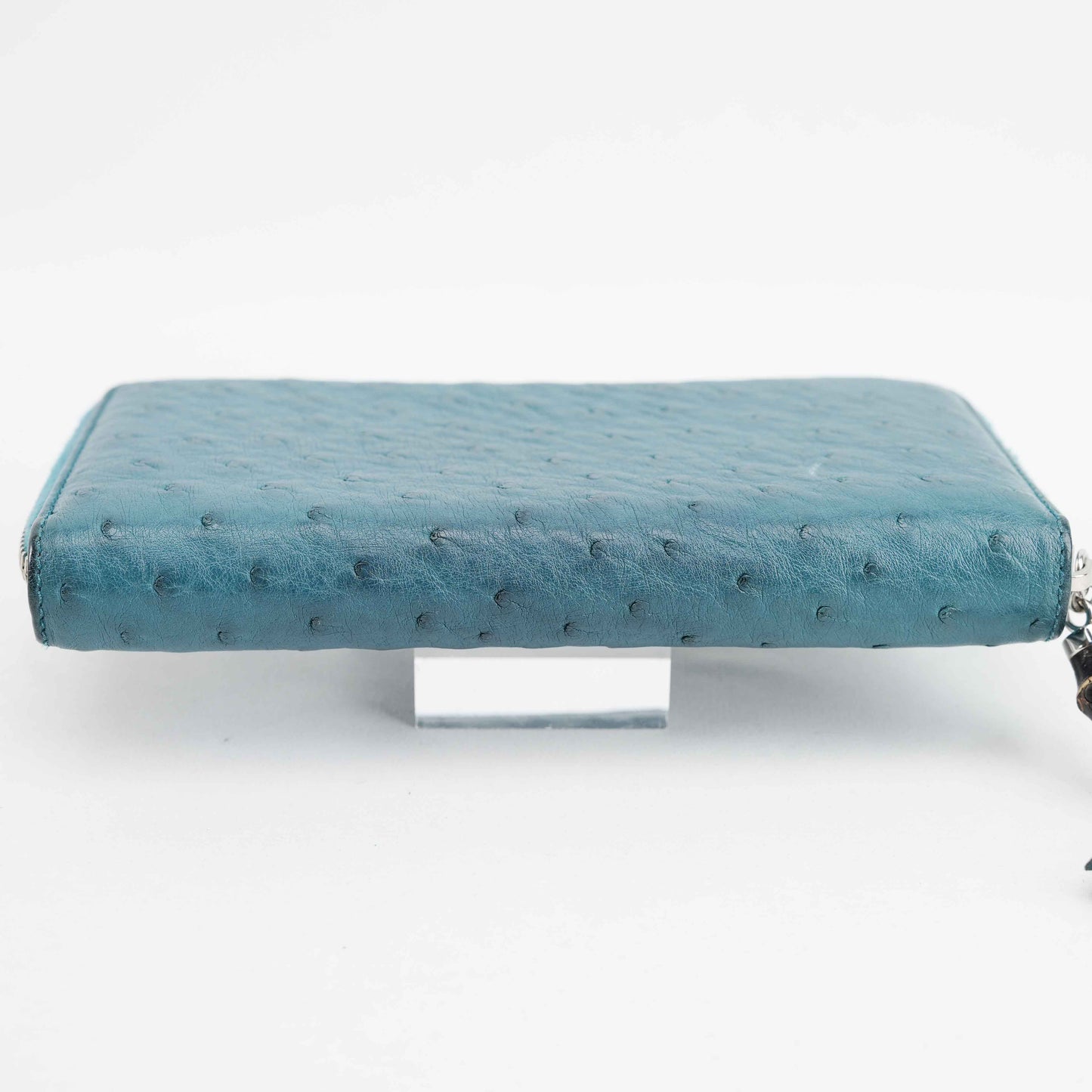 Gucci Teal Blue Ostrich Leather Zip-Around Wallet with Bamboo Tassel