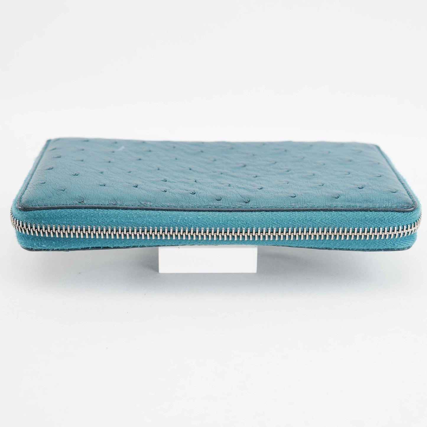 Gucci Teal Blue Ostrich Leather Zip-Around Wallet with Bamboo Tassel