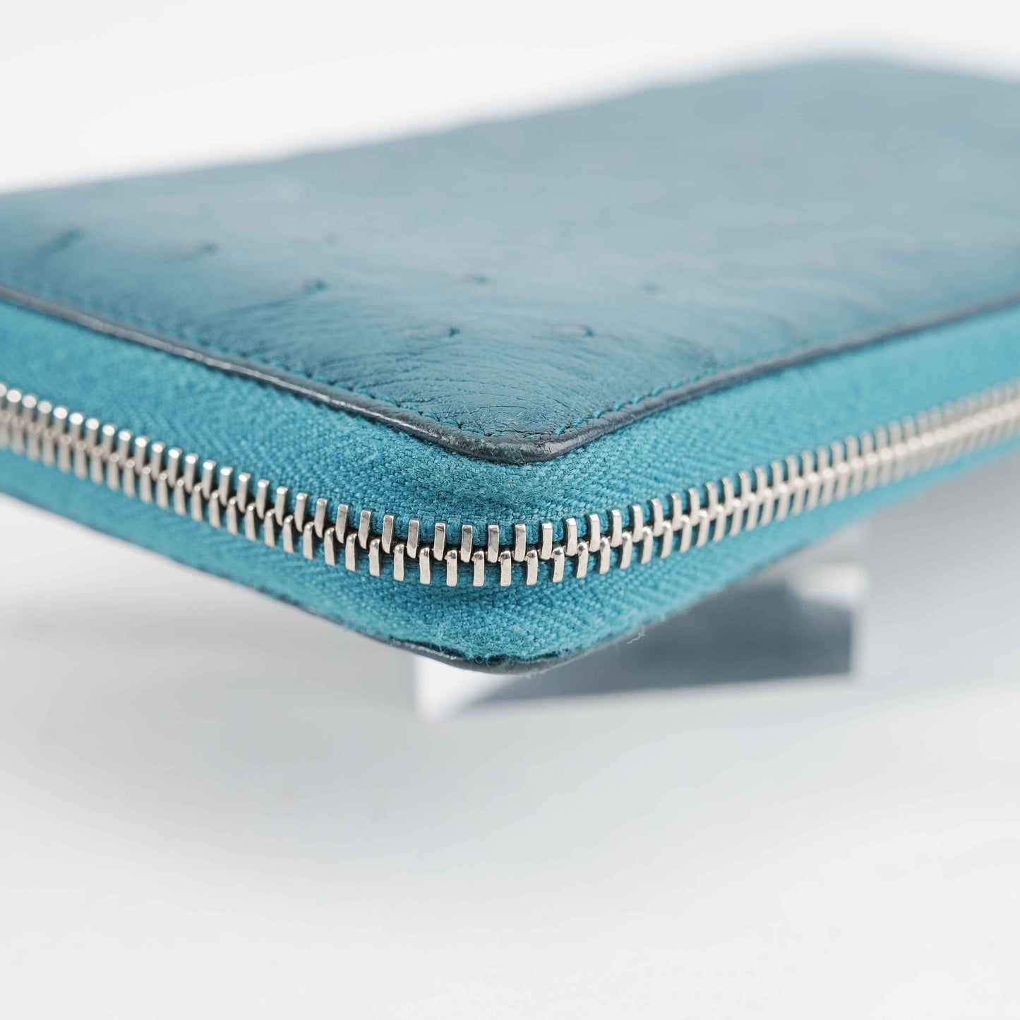 Gucci Teal Blue Ostrich Leather Zip-Around Wallet with Bamboo Tassel