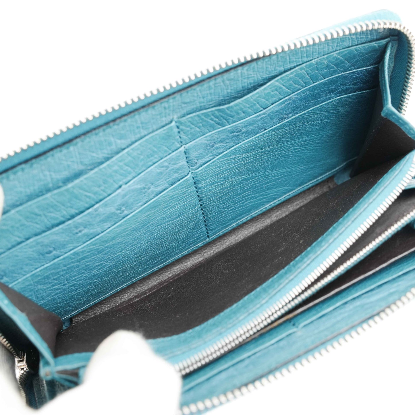 Gucci Teal Blue Ostrich Leather Zip-Around Wallet with Bamboo Tassel