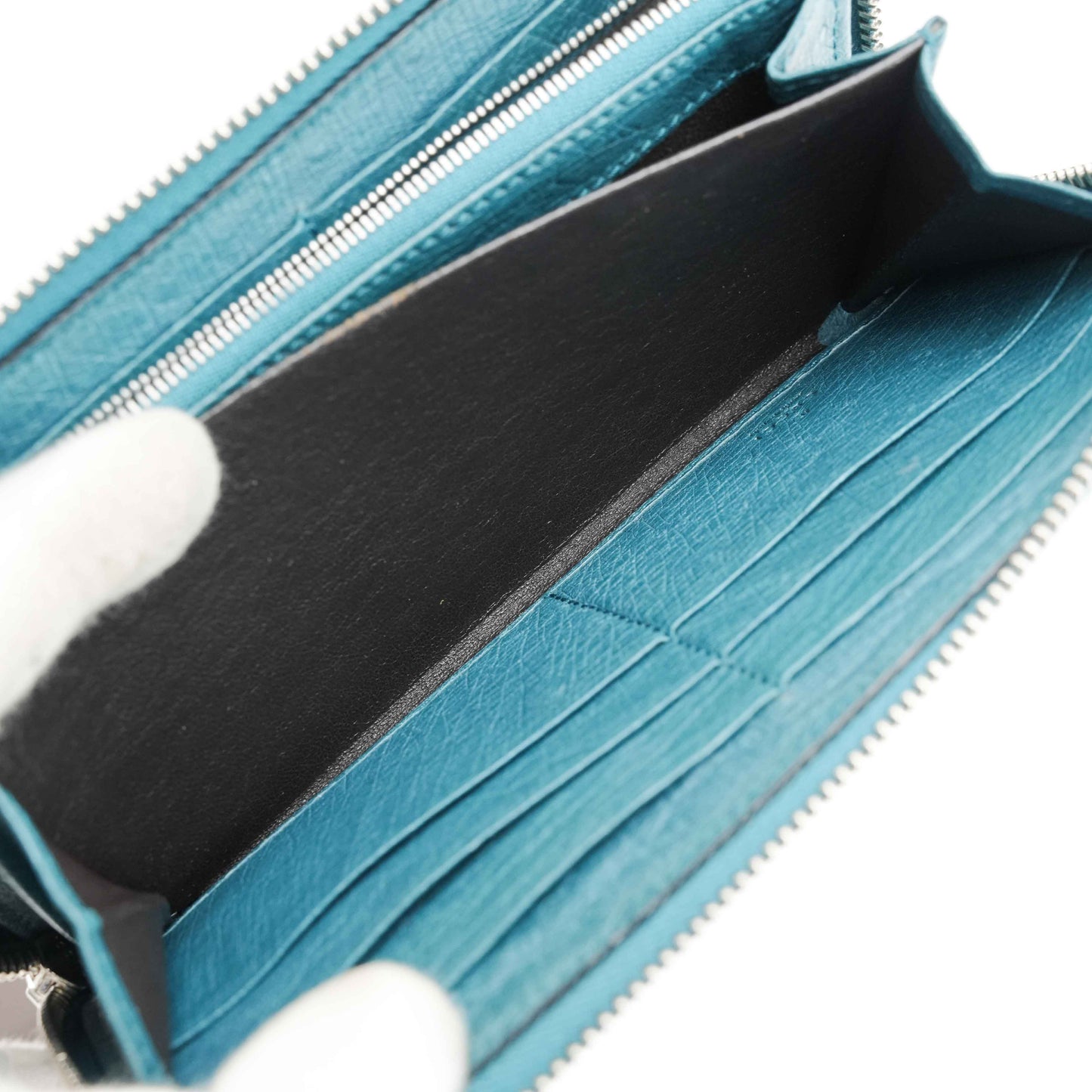 Gucci Teal Blue Ostrich Leather Zip-Around Wallet with Bamboo Tassel