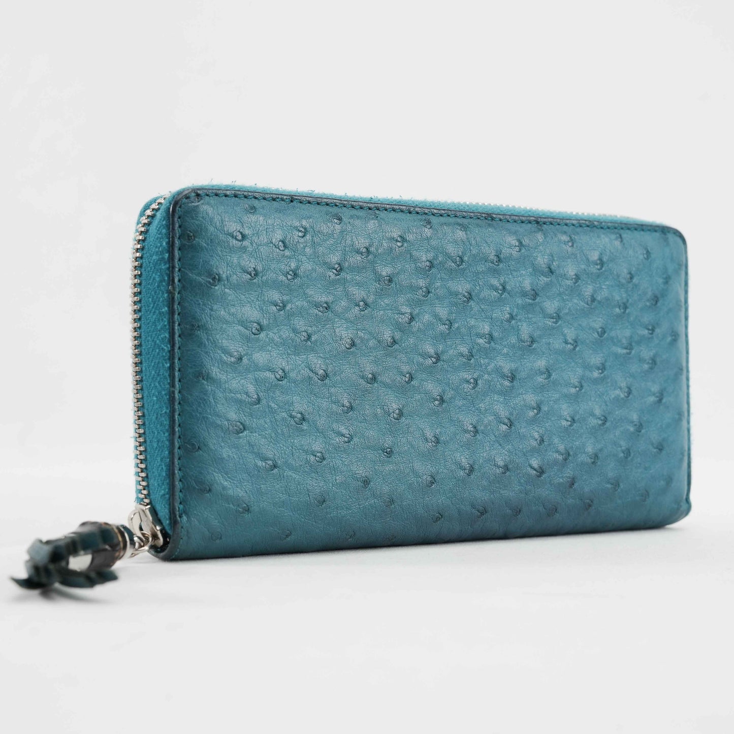 Gucci Teal Blue Ostrich Leather Zip-Around Wallet with Bamboo Tassel