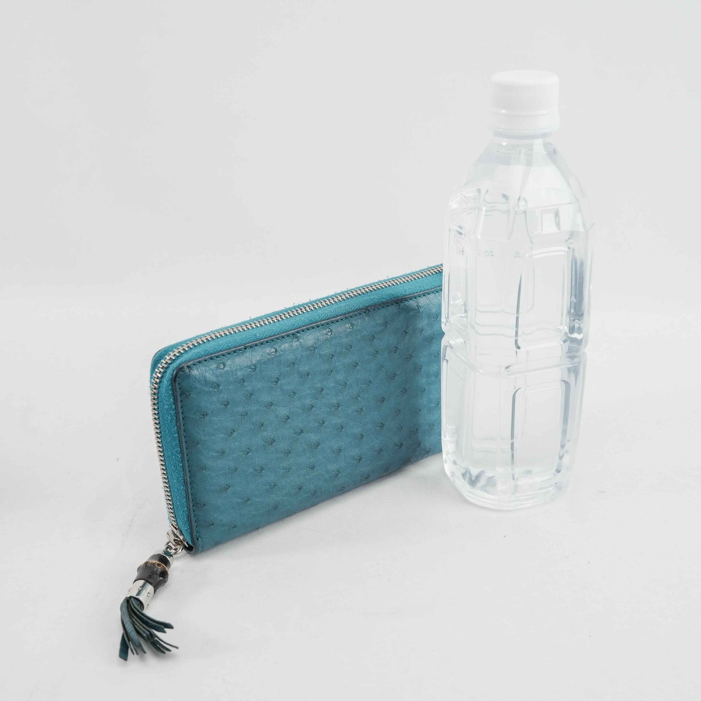 Gucci Teal Blue Ostrich Leather Zip-Around Wallet with Bamboo Tassel