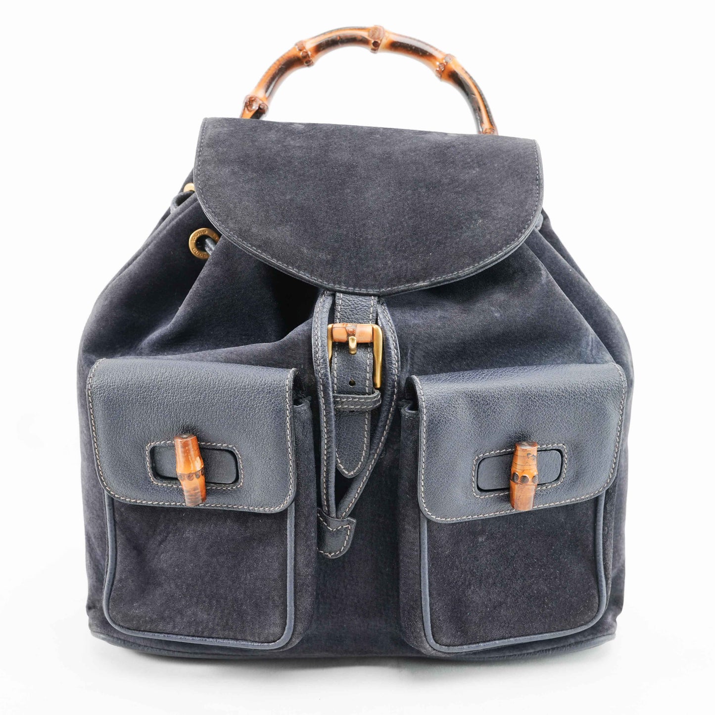 Gucci Vintage Bamboo/Leather &amp; Suede Backpack in Navy Blue