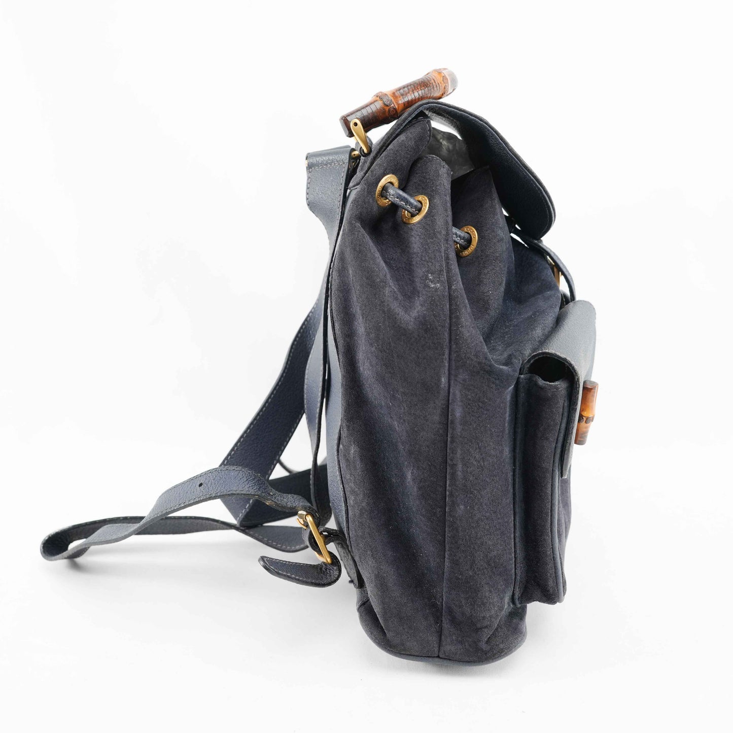 Gucci Vintage Bamboo/Leather &amp; Suede Backpack in Navy Blue