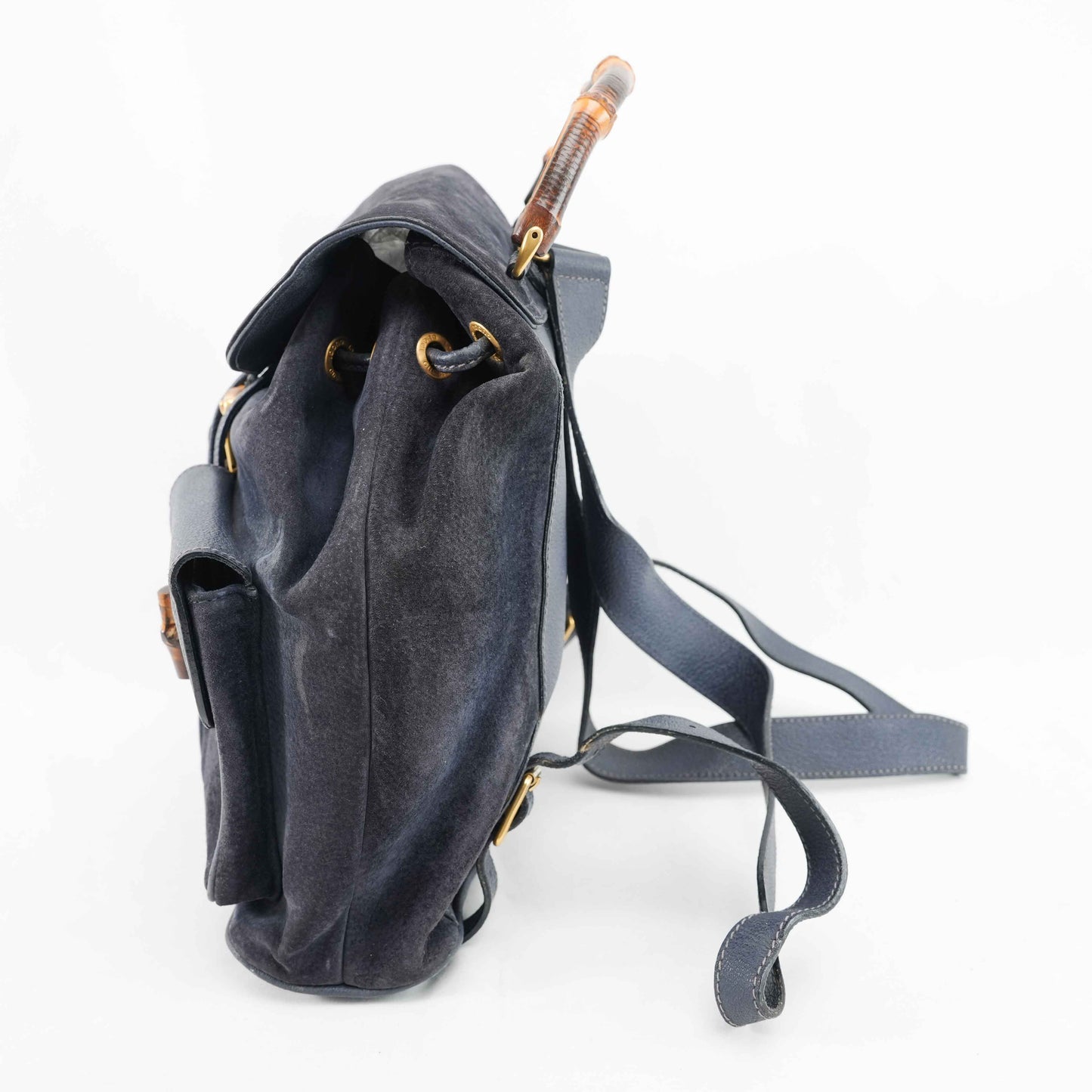 Gucci Vintage Bamboo/Leather &amp; Suede Backpack in Navy Blue