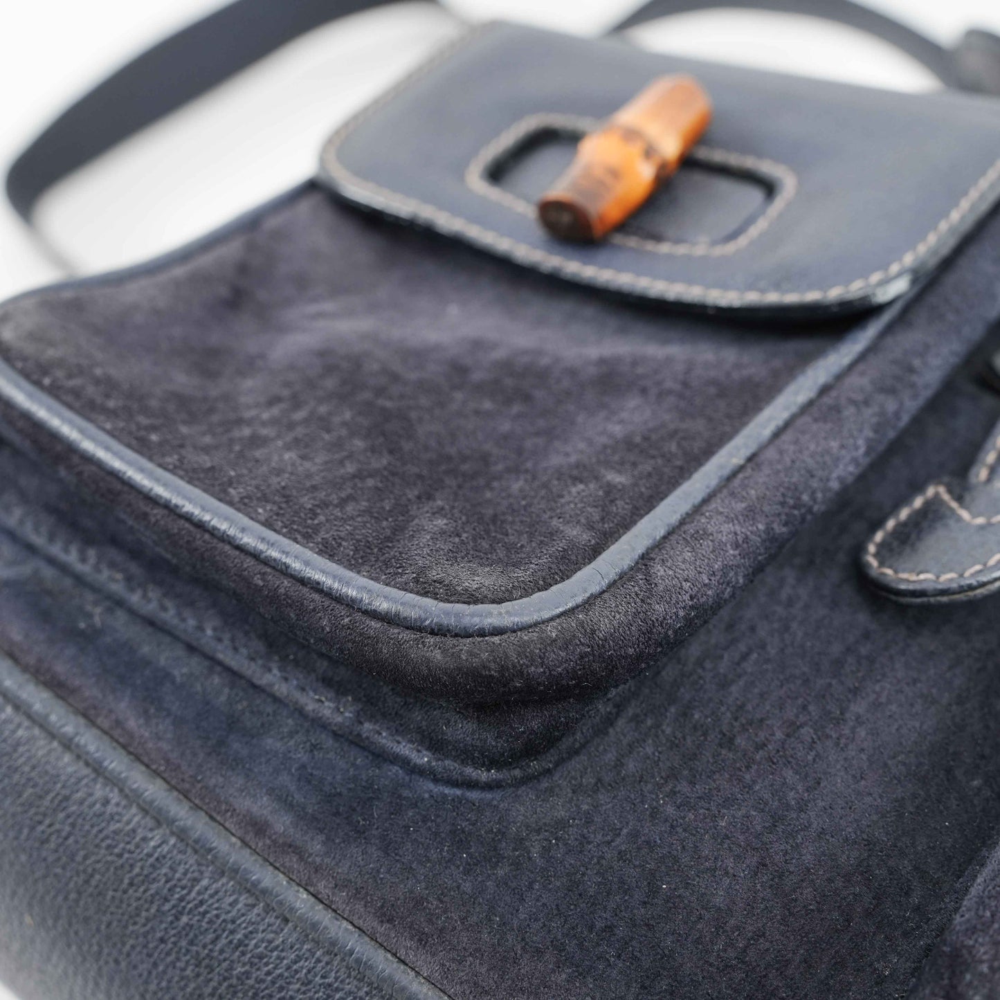 Gucci Vintage Bamboo/Leather &amp; Suede Backpack in Navy Blue