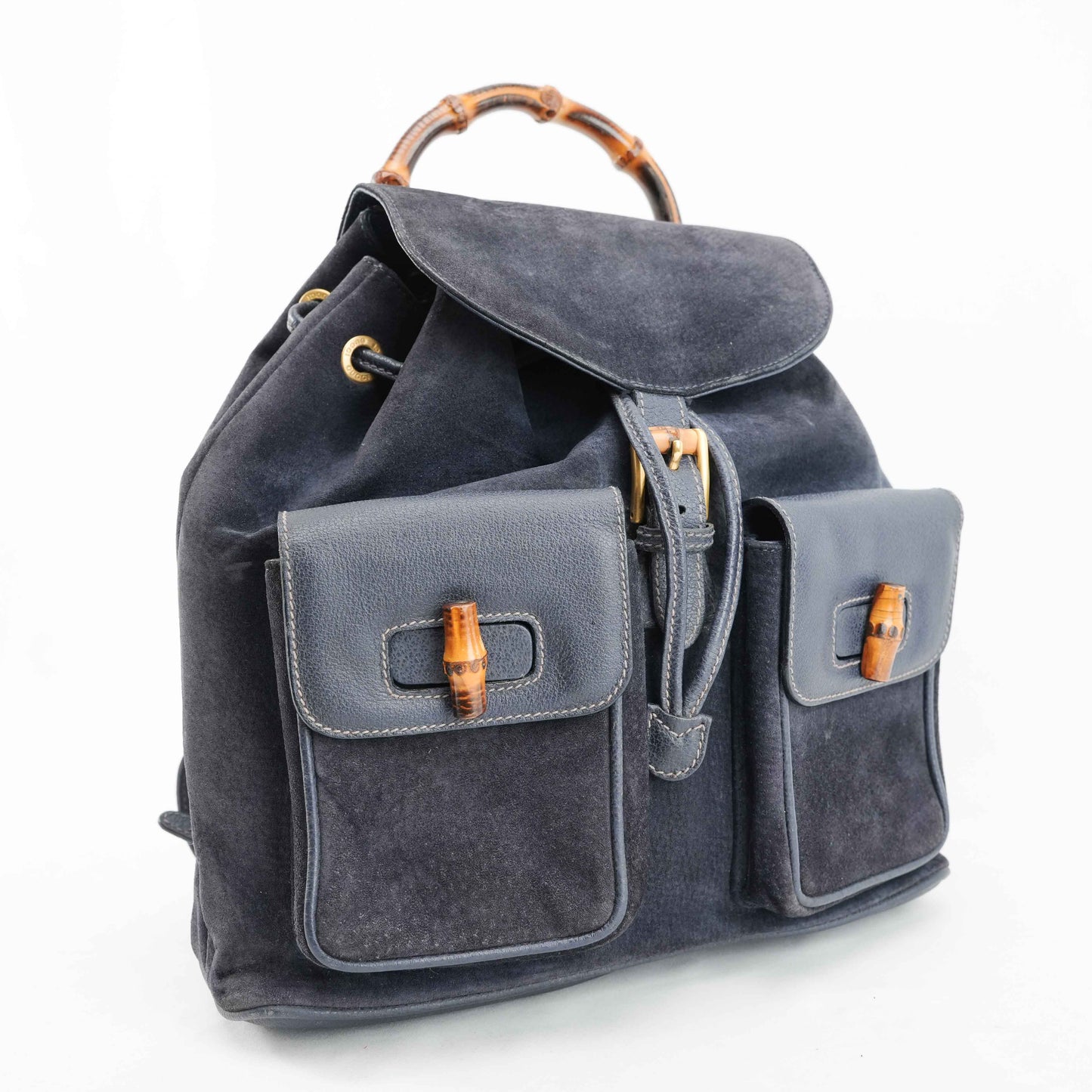 Gucci Vintage Bamboo/Leather &amp; Suede Backpack in Navy Blue