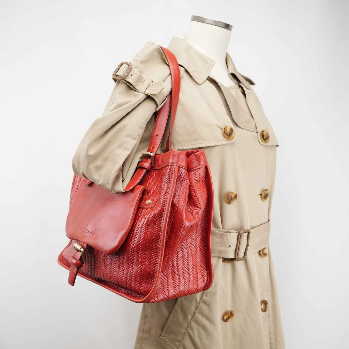 Authentic Longchamp Red Woven Leather Tote Bag