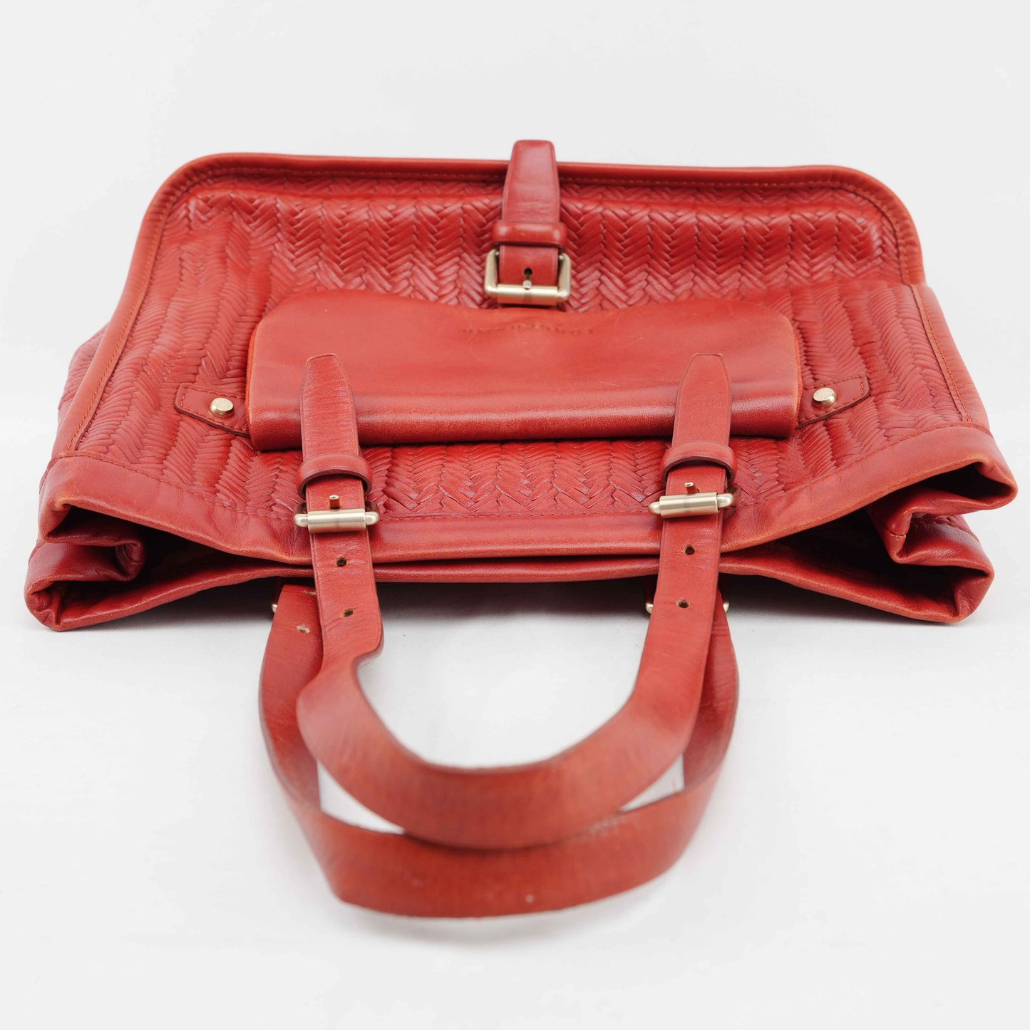 Authentic Longchamp Red Woven Leather Tote Bag