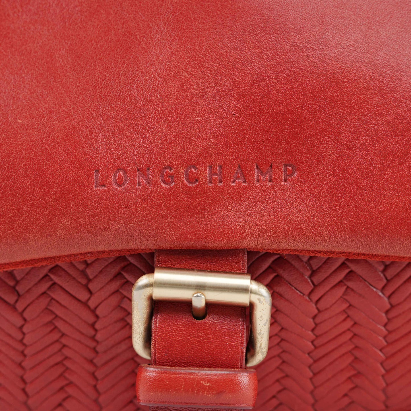 Authentic Longchamp Red Woven Leather Tote Bag