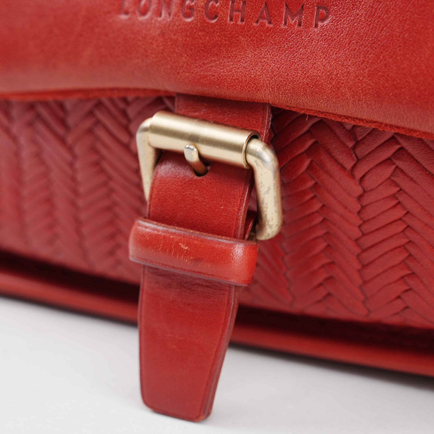 Authentic Longchamp Red Woven Leather Tote Bag