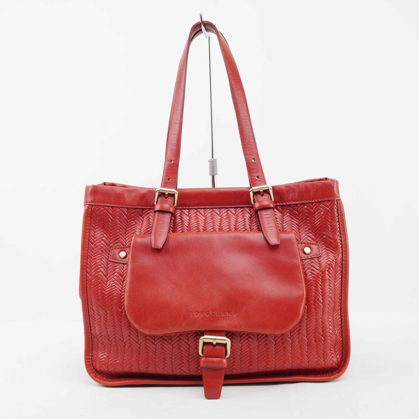 Authentic Longchamp Red Woven Leather Tote Bag
