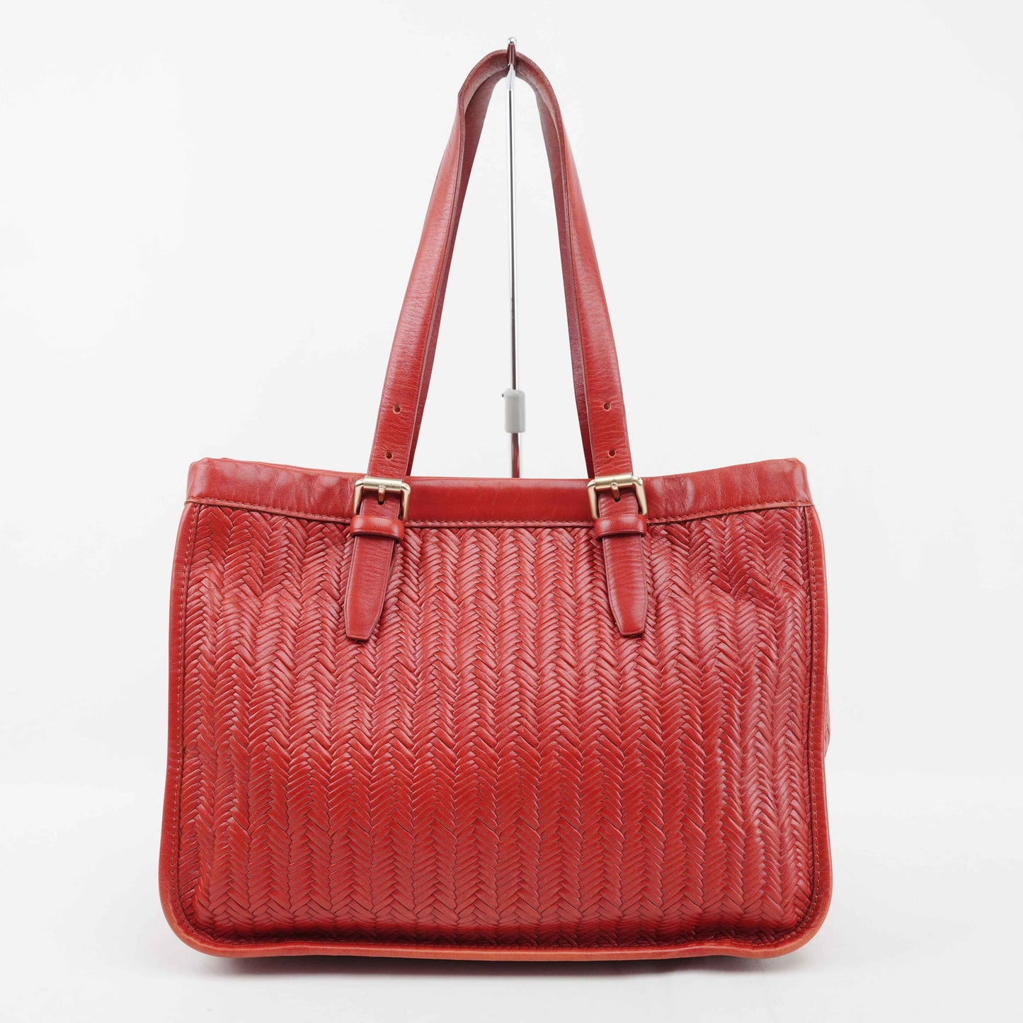 Authentic Longchamp Red Woven Leather Tote Bag