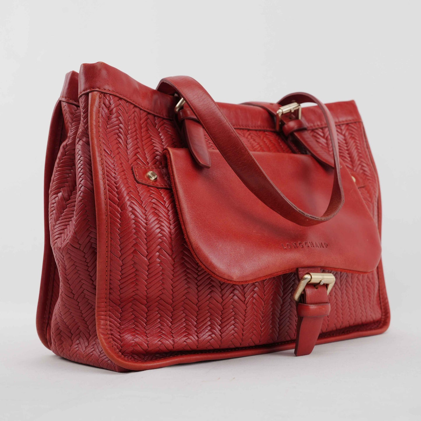 Authentic Longchamp Red Woven Leather Tote Bag