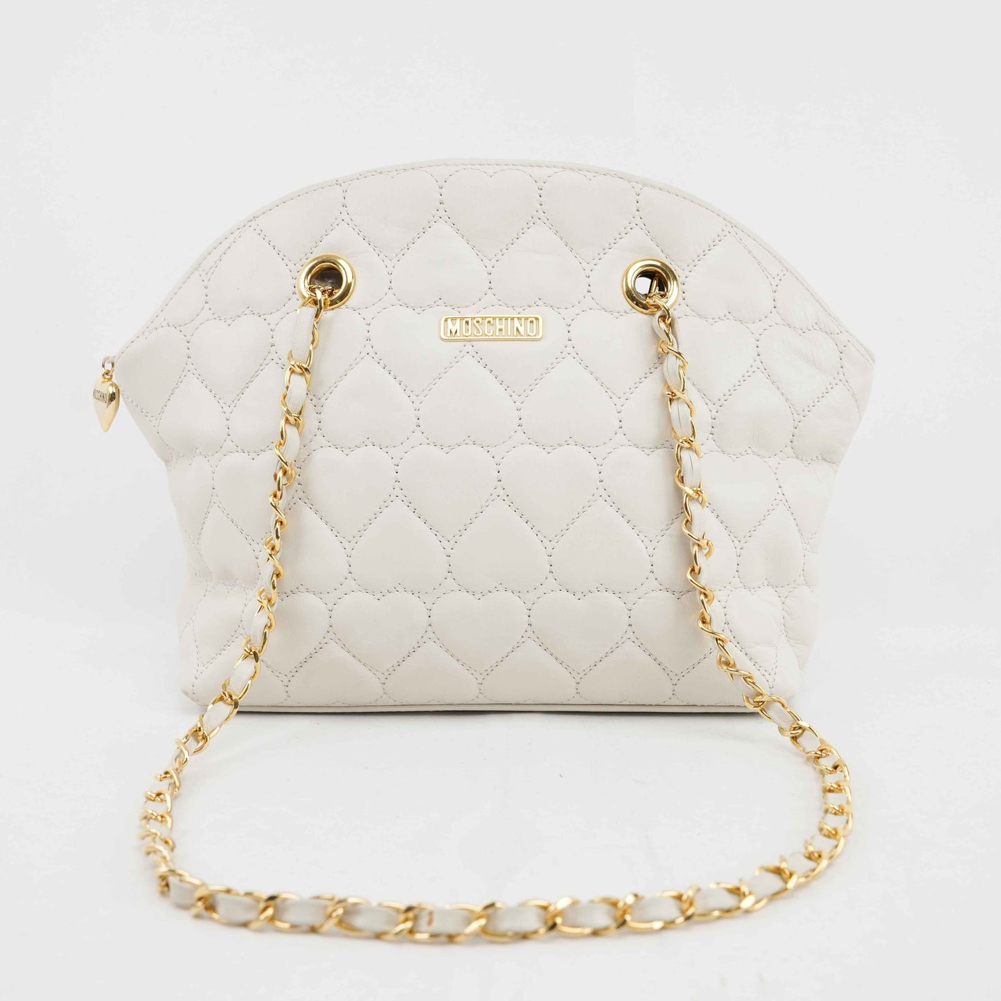 Authentic MOSCHINO - White Quilted Leather Shoulder Bag with Chain Strap