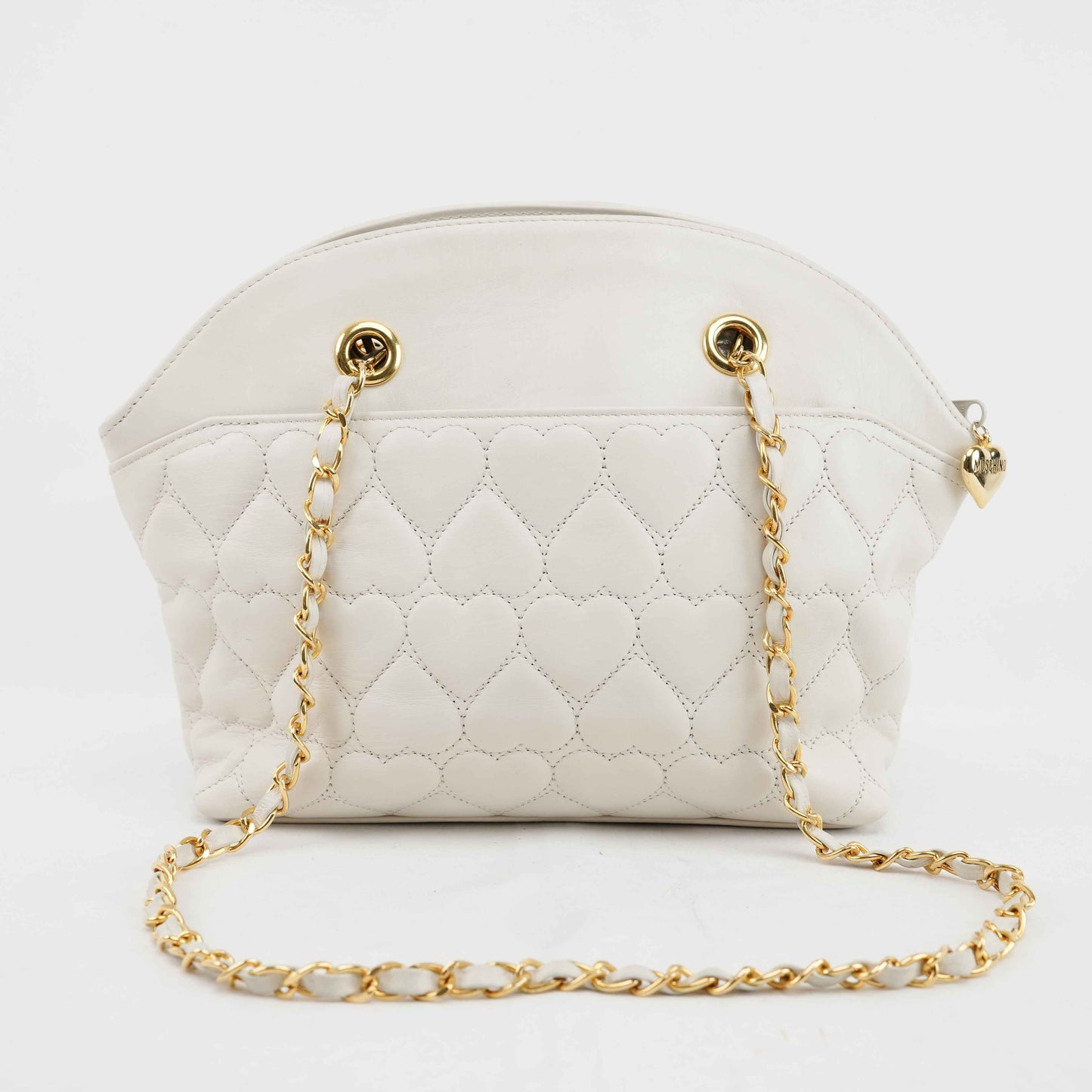 Authentic MOSCHINO - White Quilted Leather Shoulder Bag with Chain Strap
