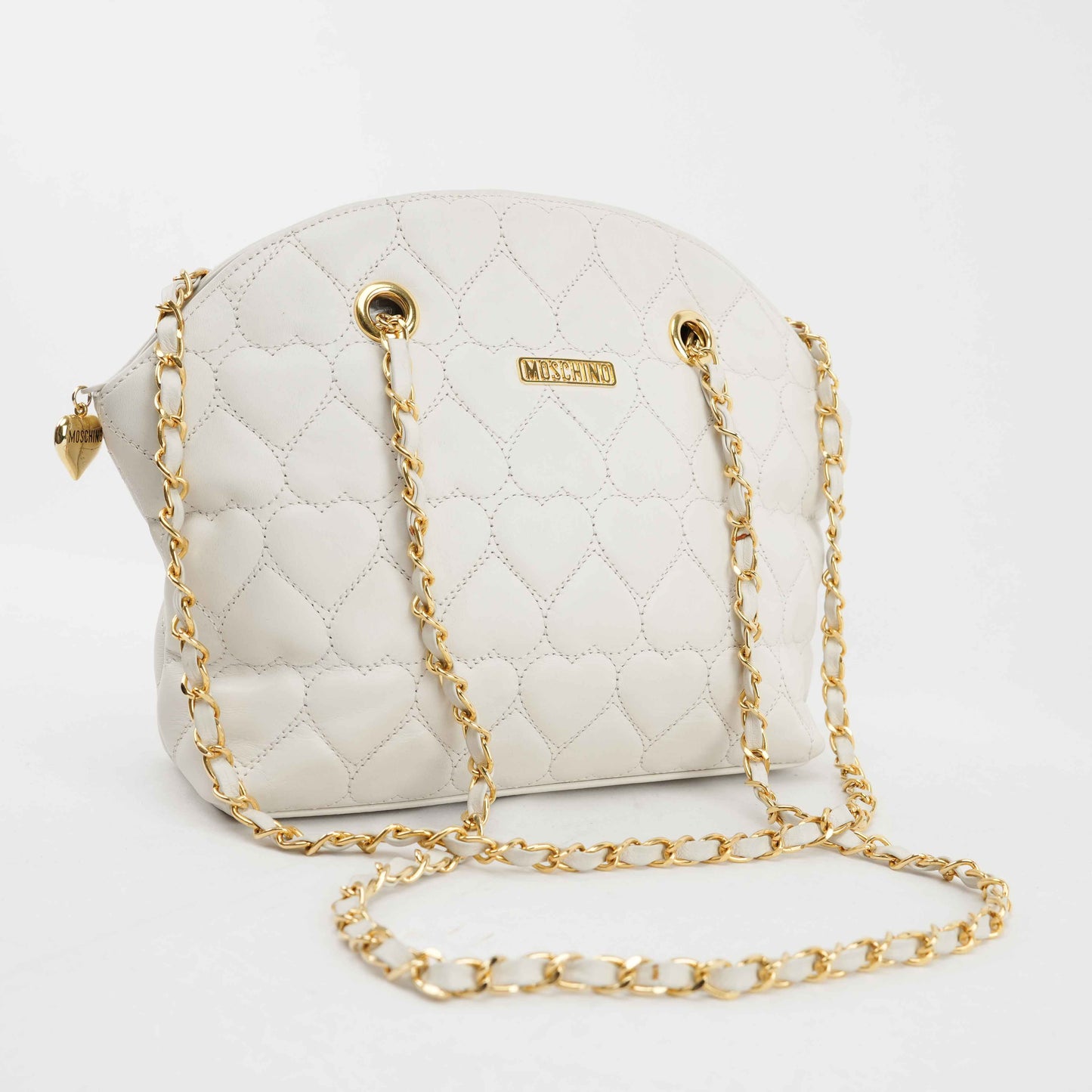 Authentic MOSCHINO - White Quilted Leather Shoulder Bag with Chain Strap