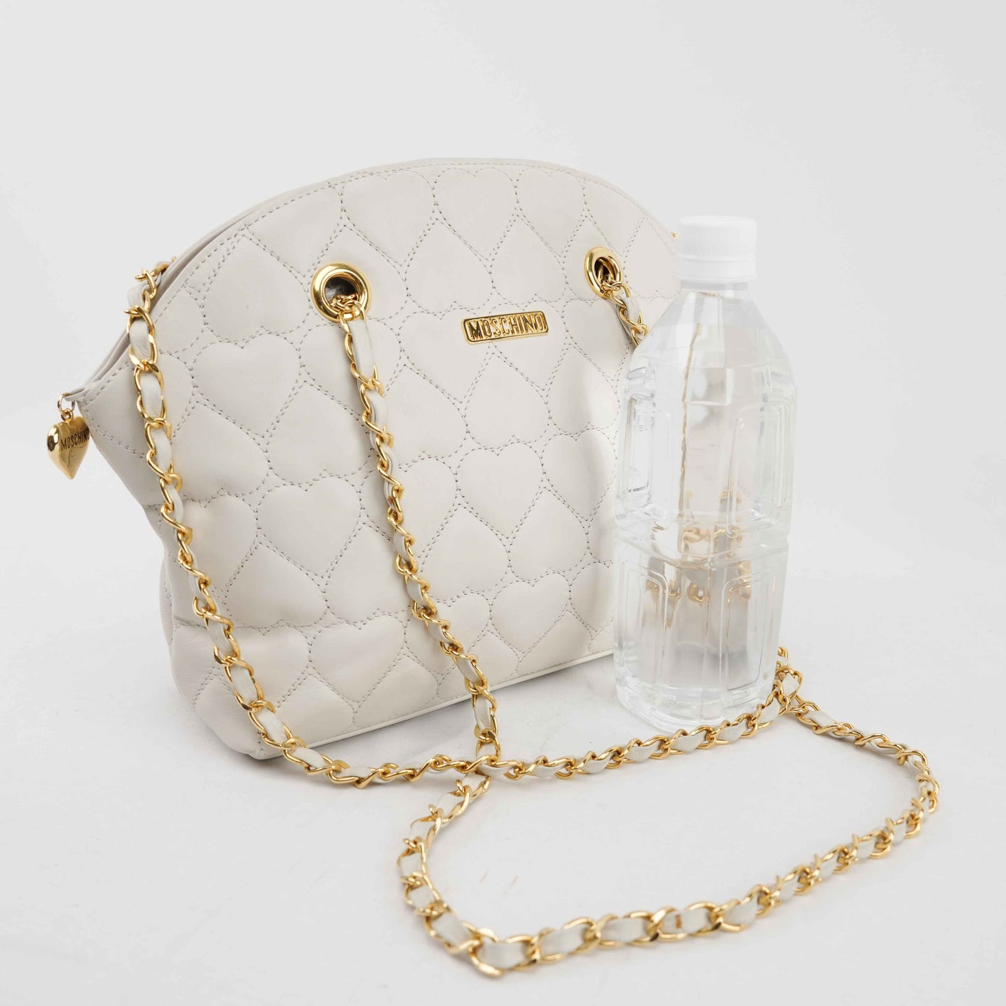 Authentic MOSCHINO - White Quilted Leather Shoulder Bag with Chain Strap