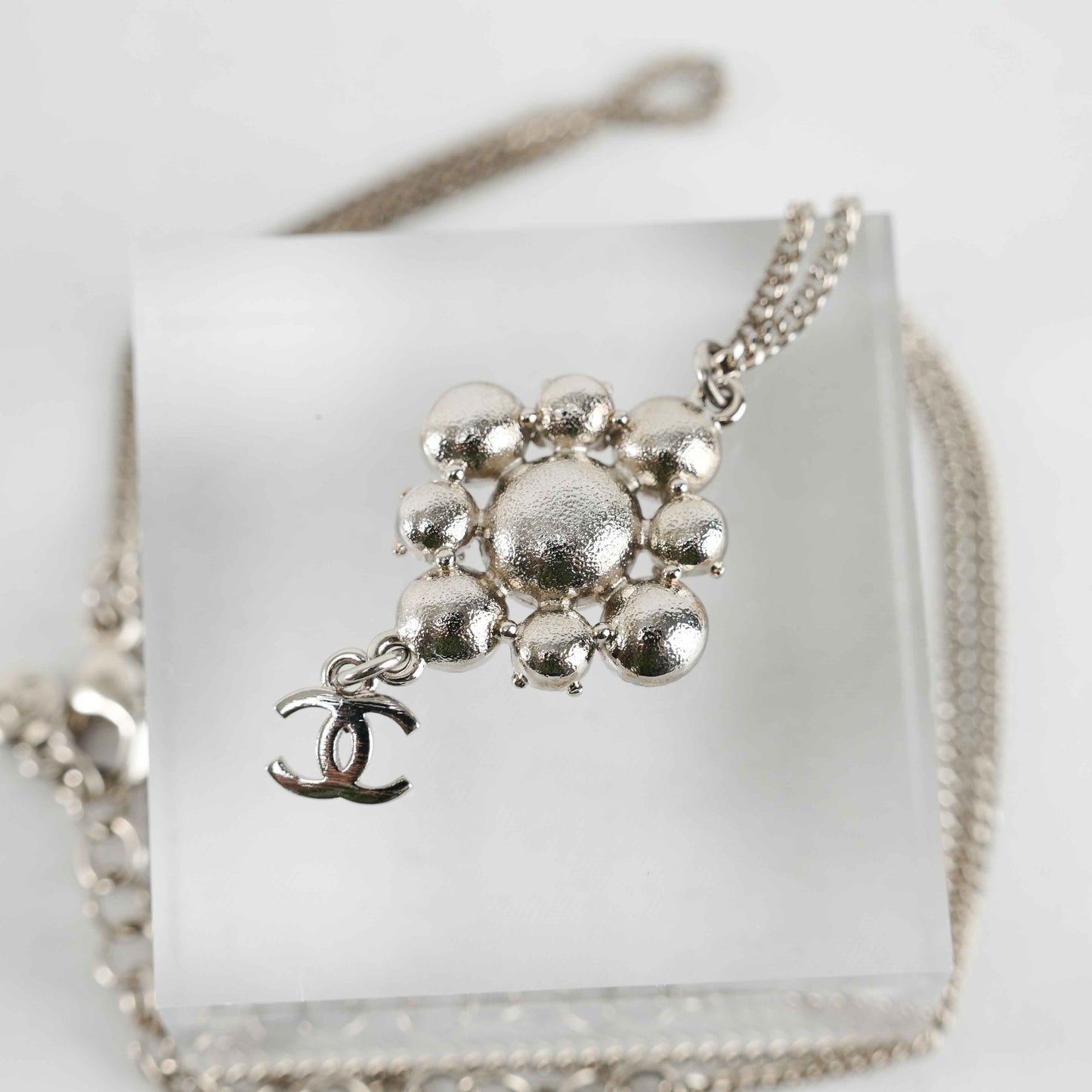 Chanel Crystal Camellia Pendant Necklace – Silver-Tone