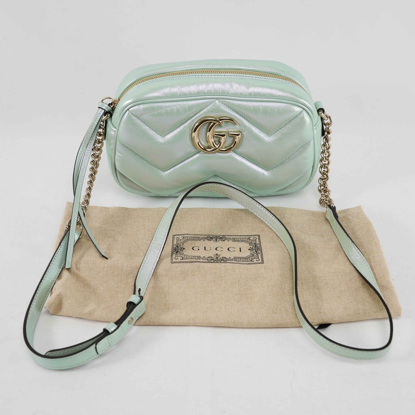Gucci GG Gucci Iridescent Nappa Chevron Matelasse in Iridescent Mint Green Leather