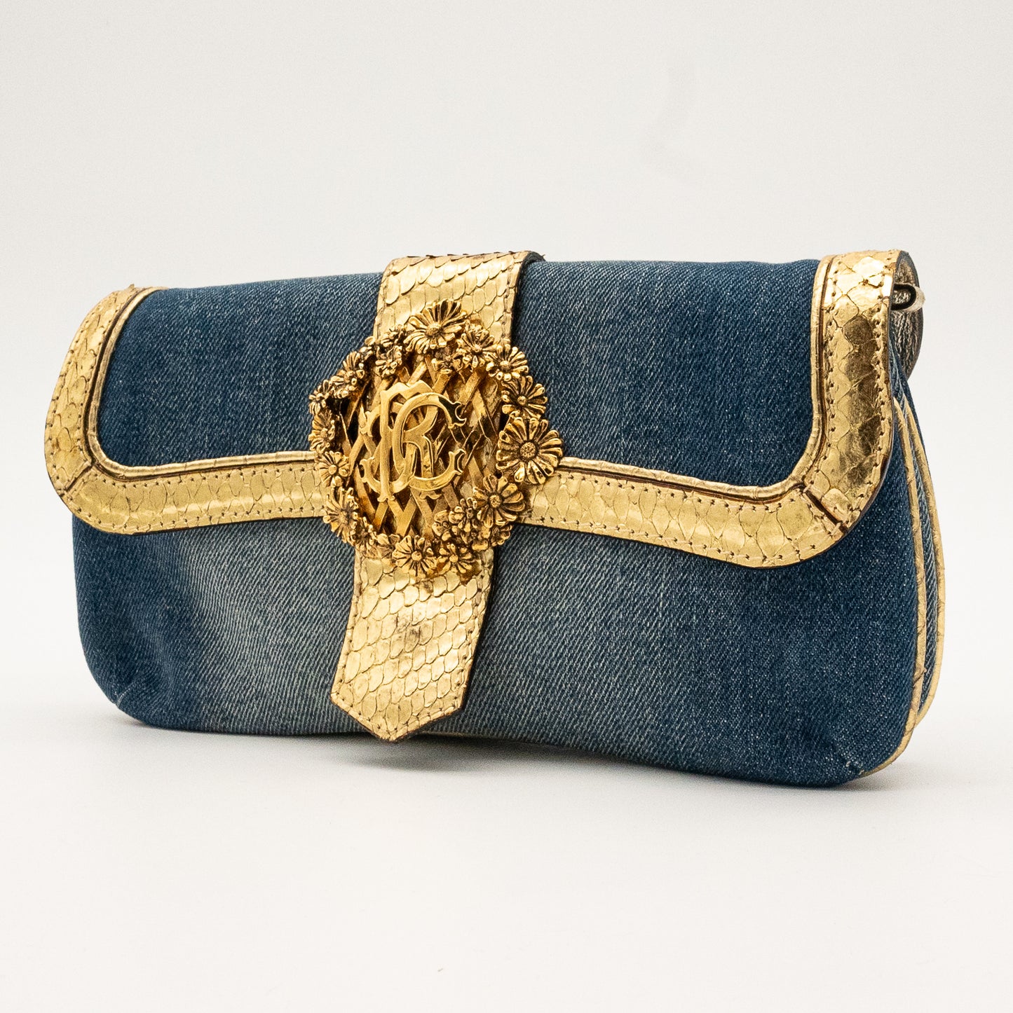 Roberto Cavalli Denim Snake Skin Embossed Clutch Shoulder Bag